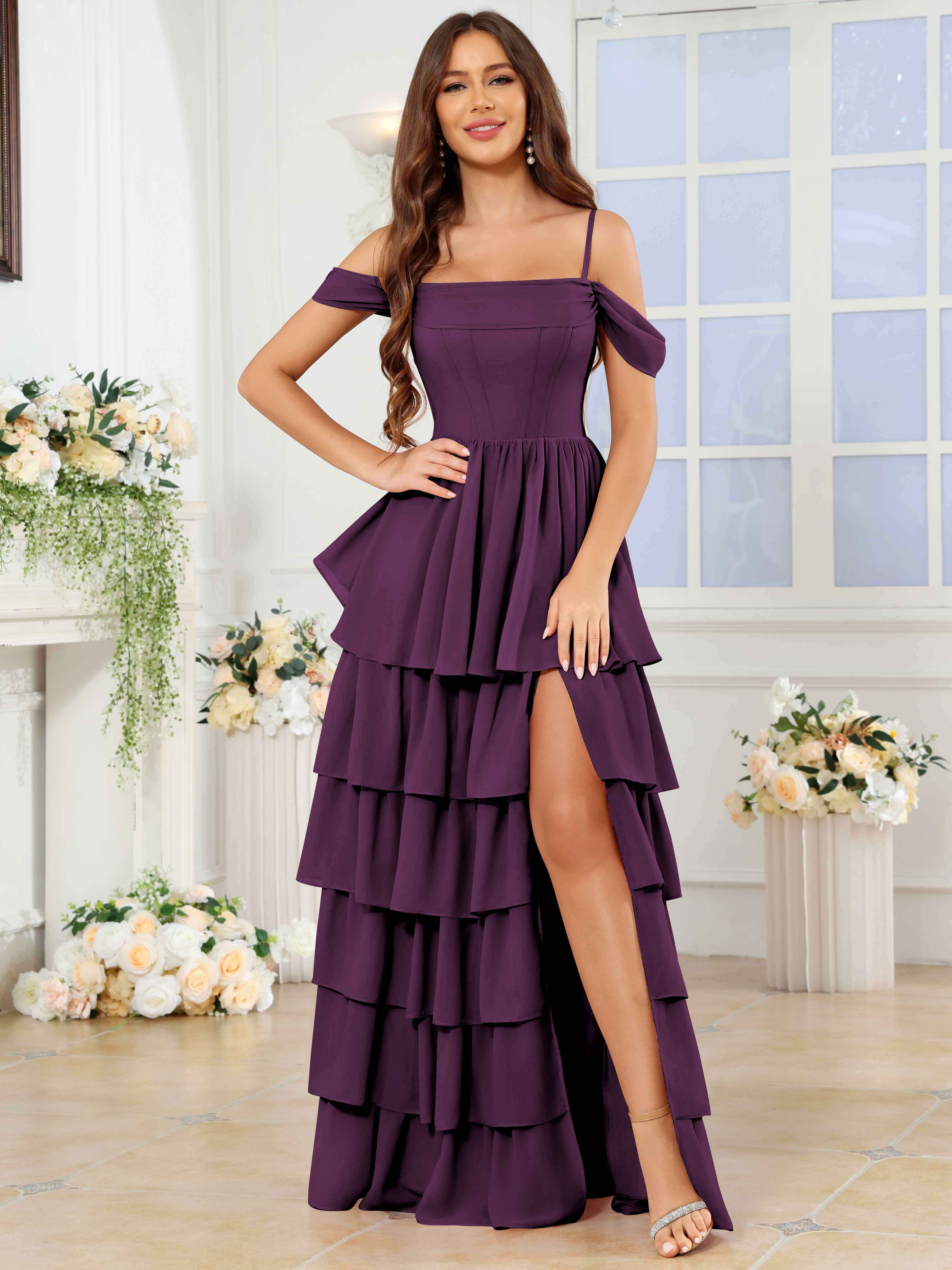 ROVDESY A-Line Off The Shoulder Tiered Chiffon Bridesmaid/Prom Dress With Slit