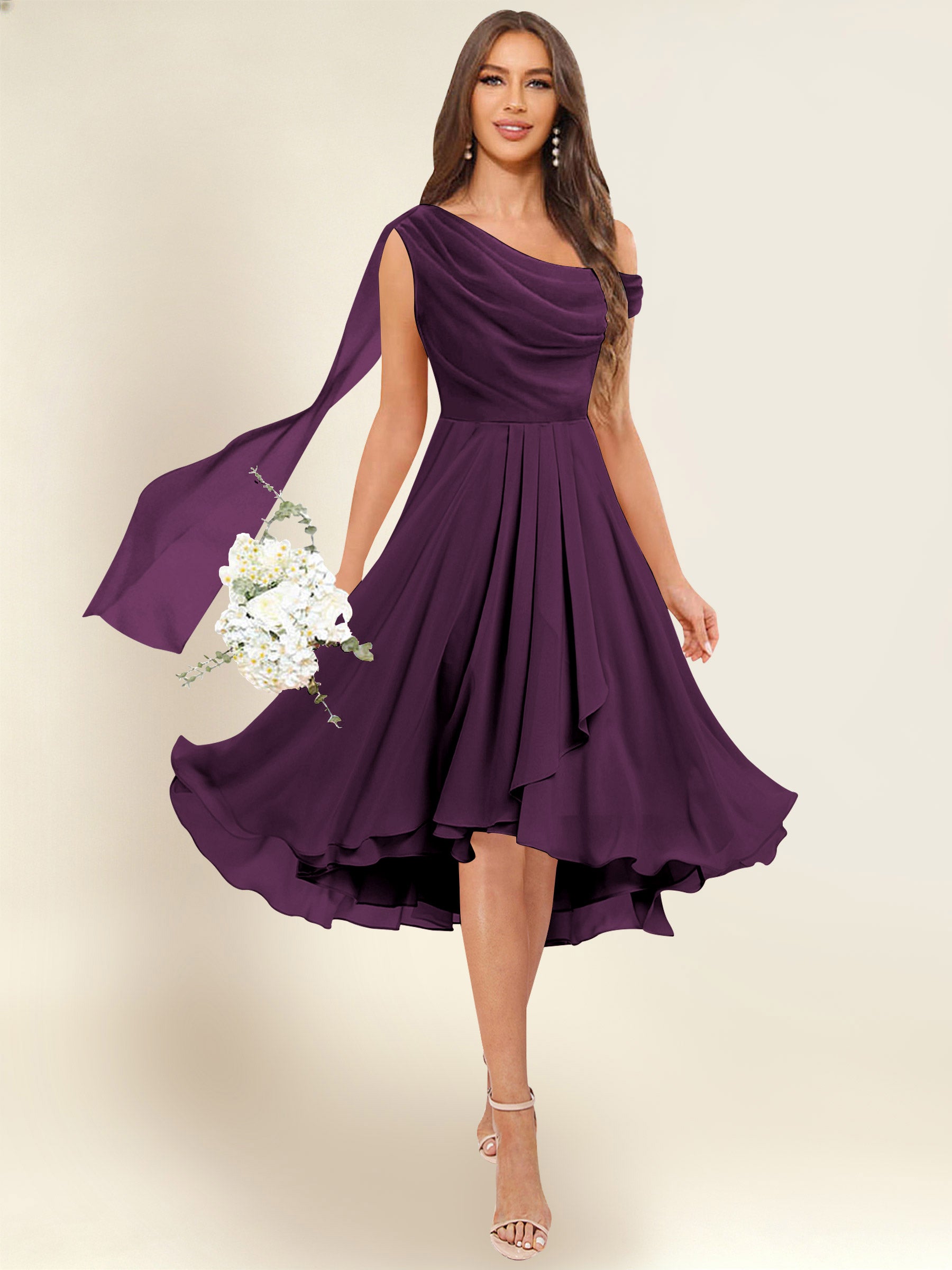 ROVDESY A-Line One Shoulder Pleated Chiffon Bridesmaid Dress With Flowing Sash