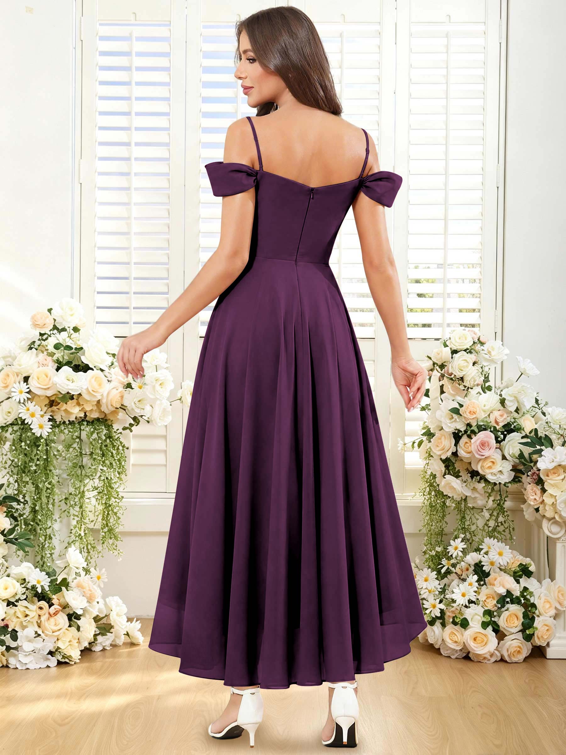 ROVDESY ROVDESY Short Cold Shoulder Sweetheart High Low Pleated Chiffon Bridesmaid Dress