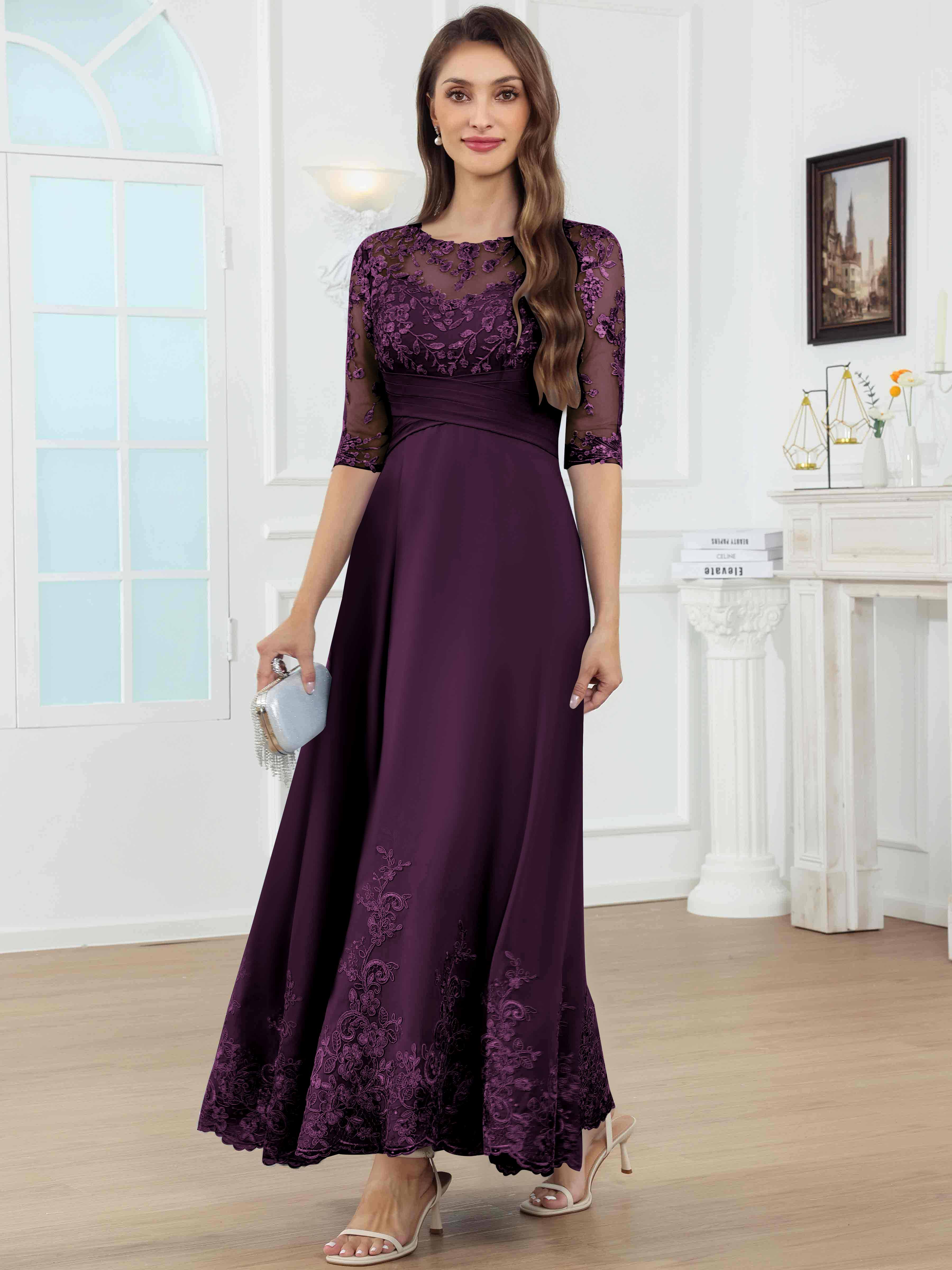 ROVDESY A-Line Lace Sequin Pleated Chiffon Mother Of The Bride Dress With Half Sleeves