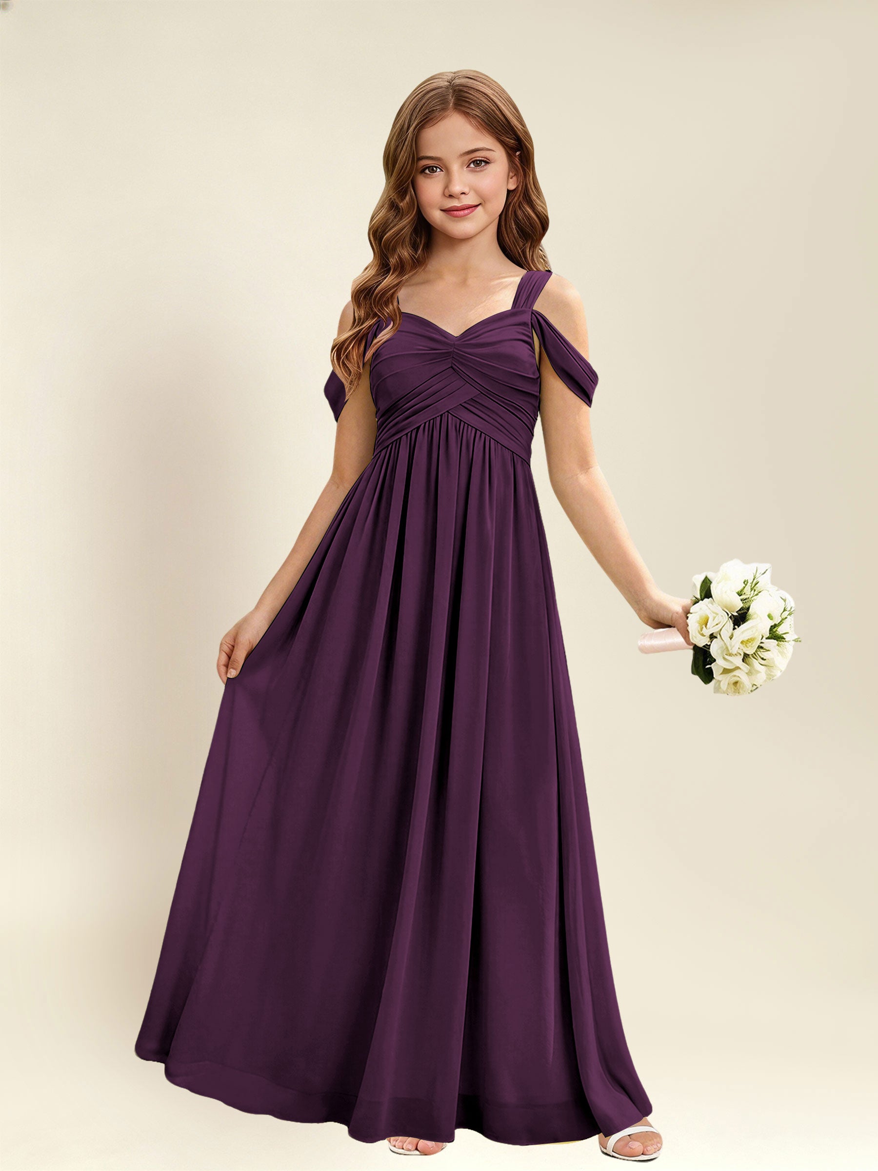 ROVDESY A-Line Off The Shoulder Pleated Chiffon Junior Bridesmaid Dress