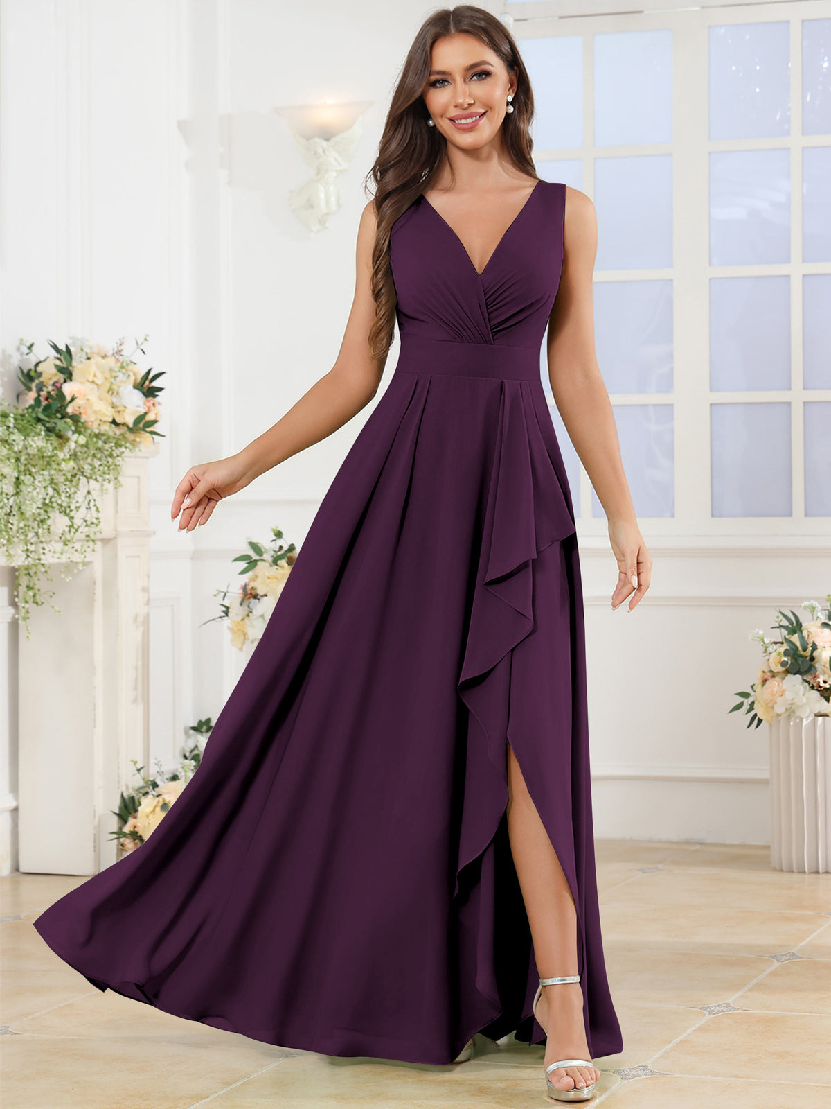 V Neck Chiffon A Line Ruffle Bridesmaid Dress with Slit