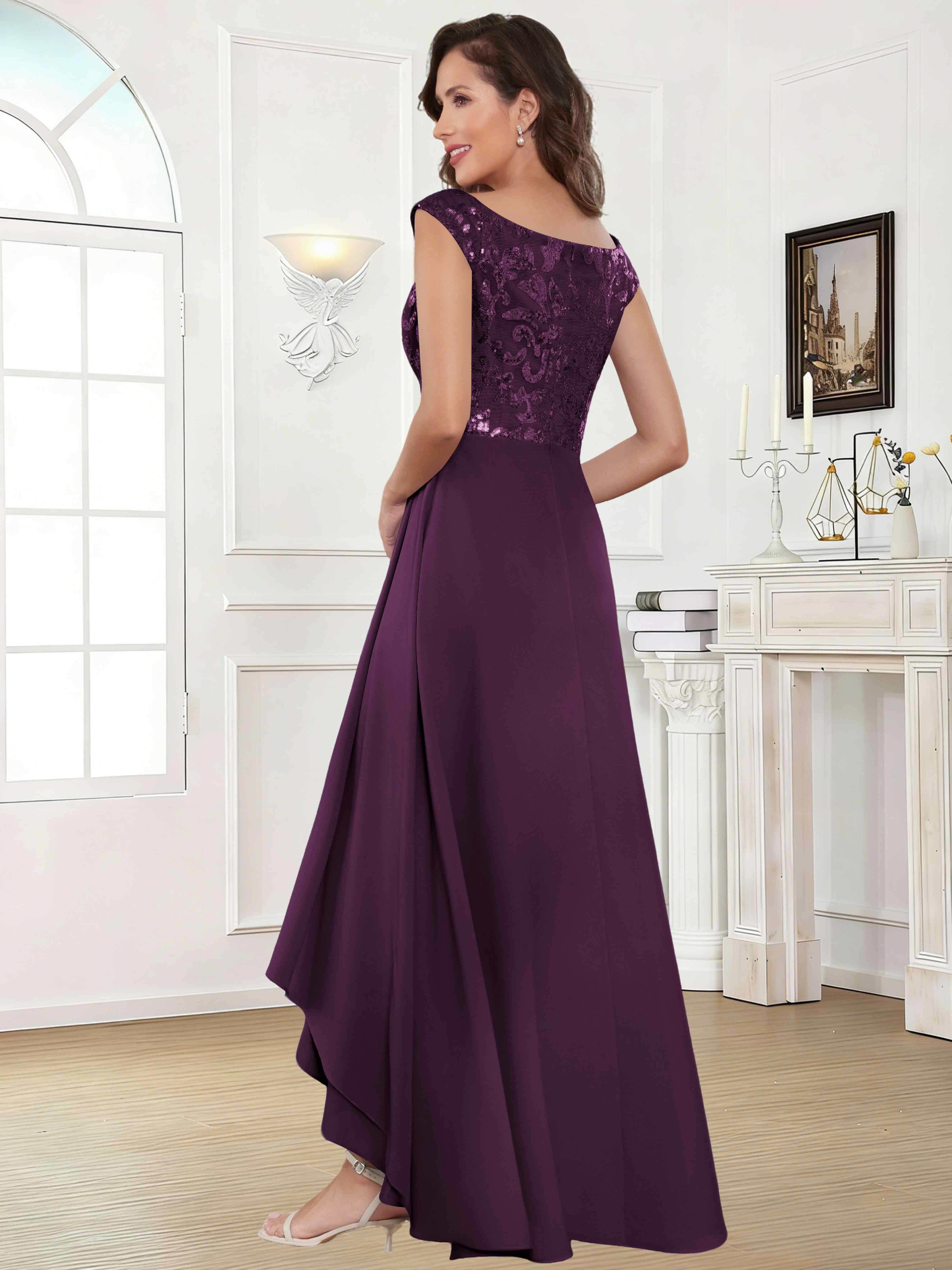 ROVDESY Tea Length Off-The-Shoulder Sequin Chiffon Mother Of The Bride Dress