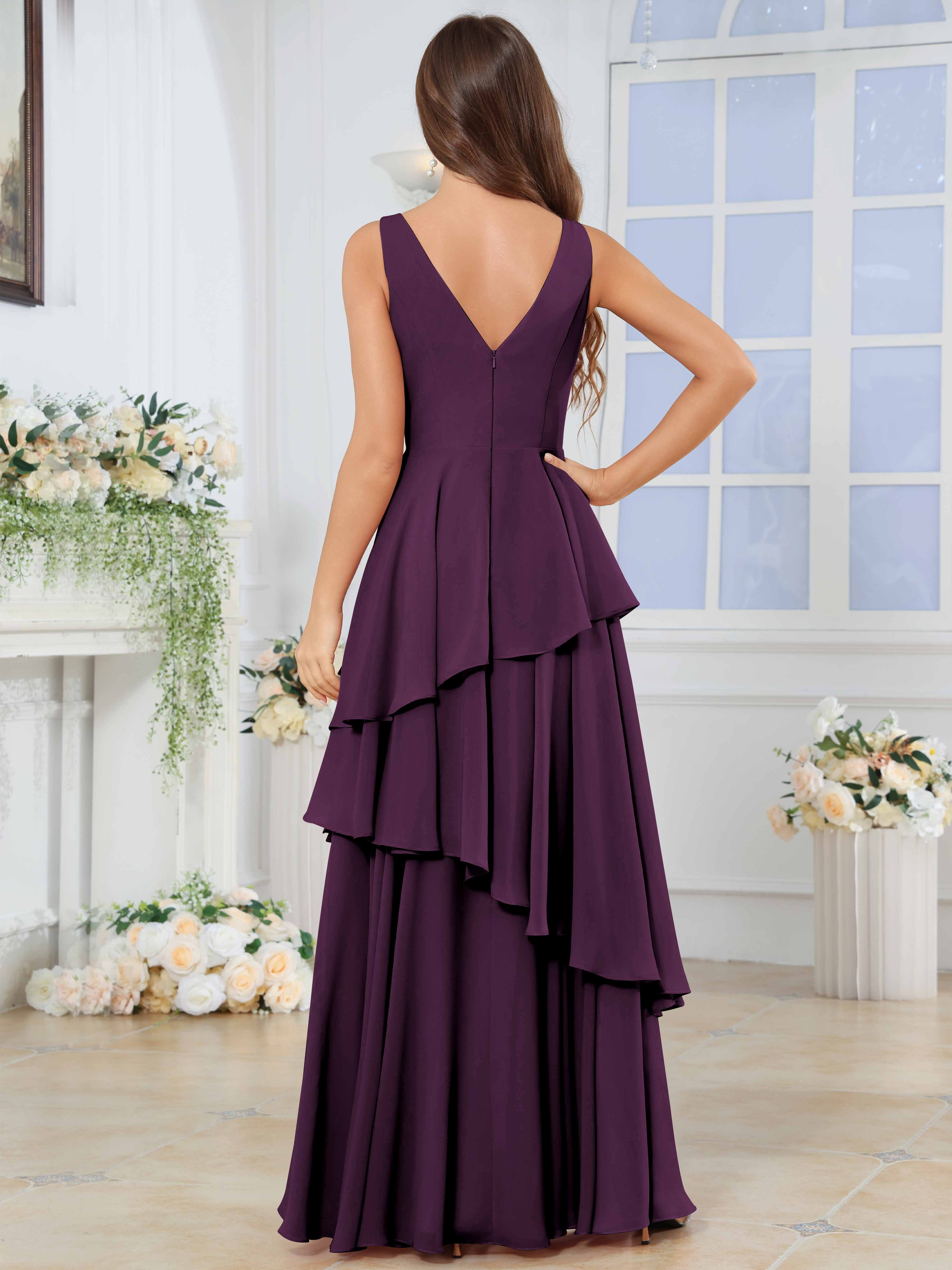 ROVDESY Long Sleeveless V-Neck Tiered Pleated Chiffon Bridesmaid Dress
