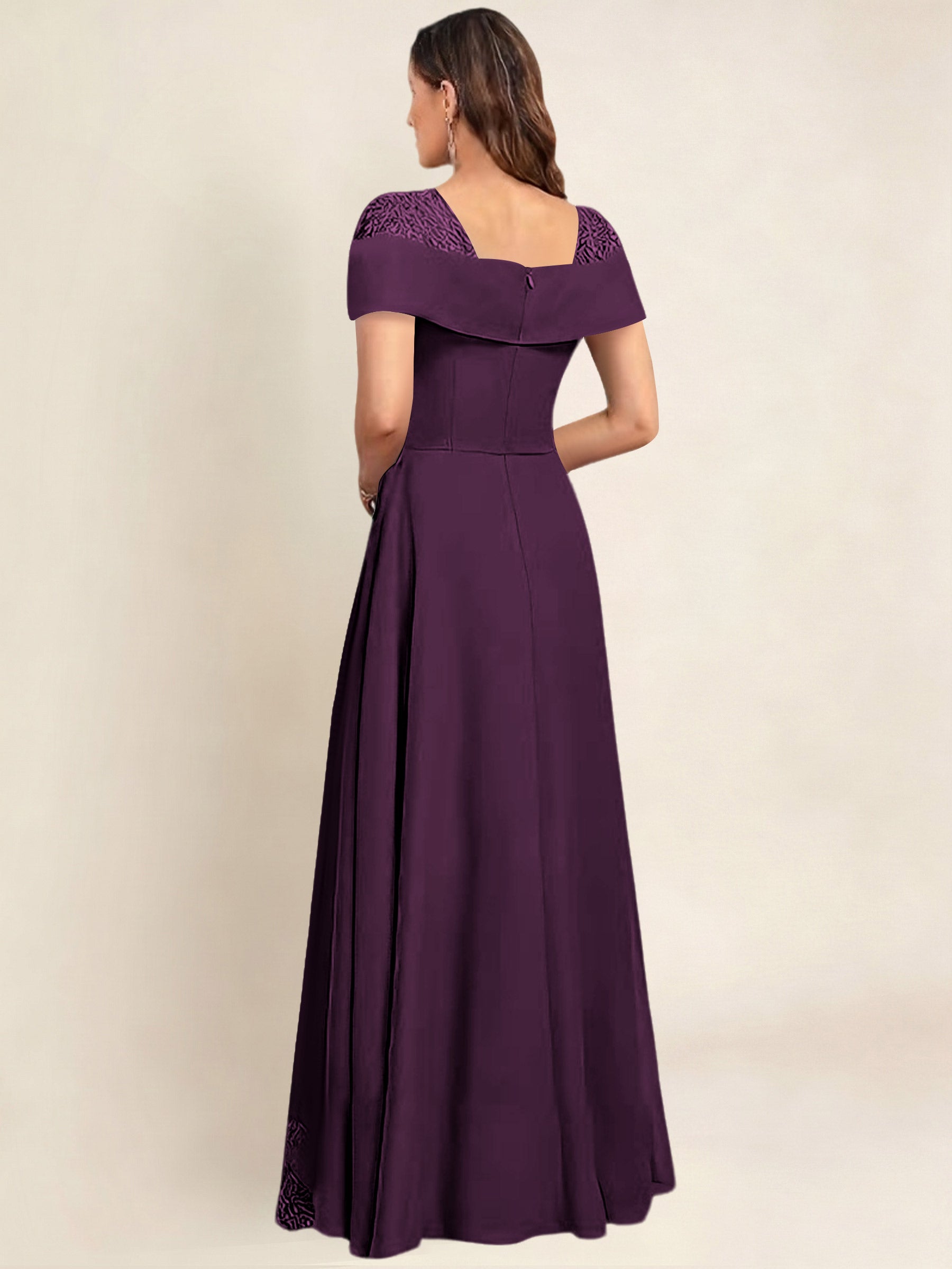 ROVDESY A-Line Off The Shoulder Lace Chiffon Long Mother of the Bride Dress Formal Gown