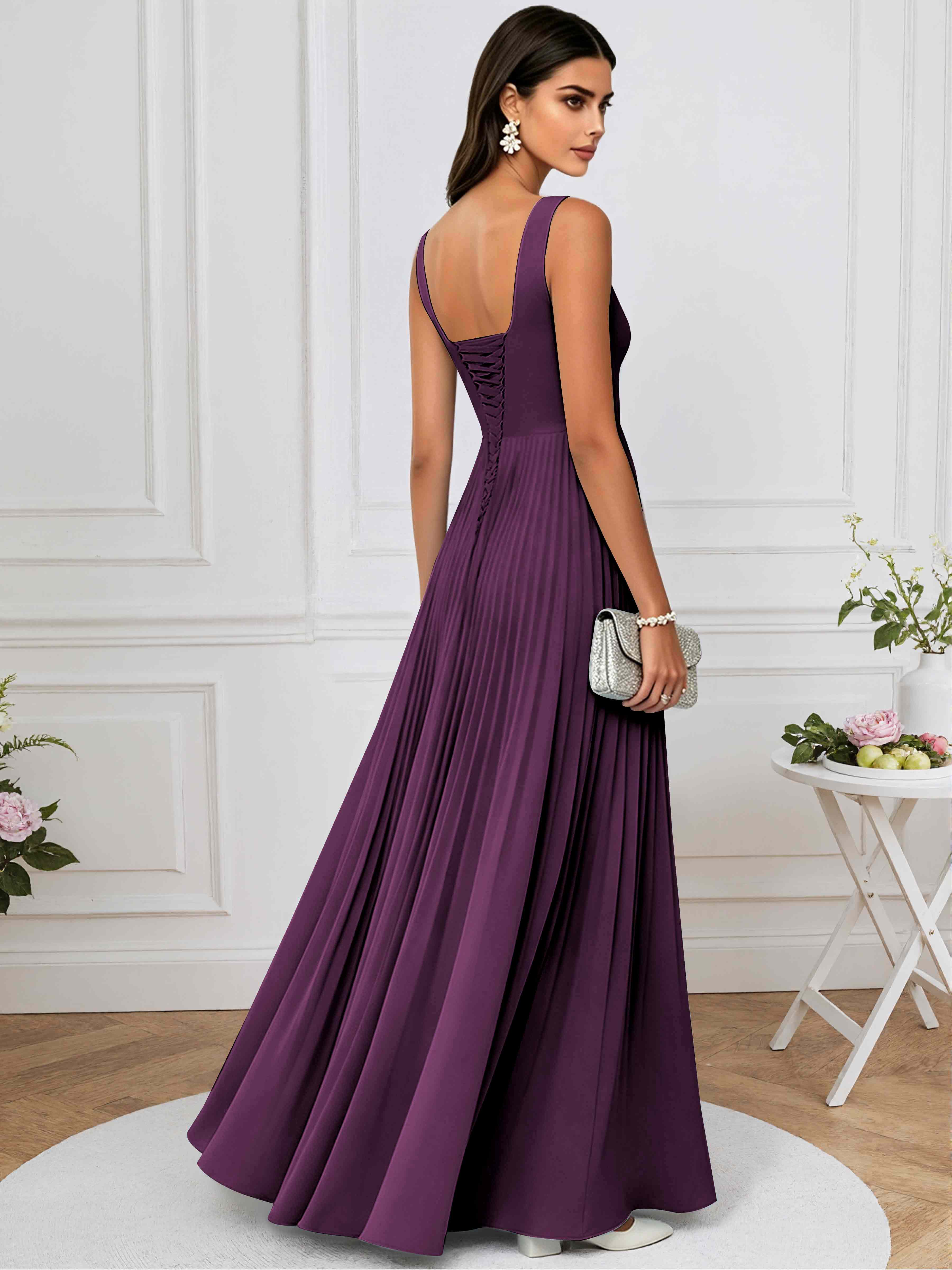 ROVDESY A-Line Square Neck Pleated Chiffon Long Bridesmaid/Prom Dress