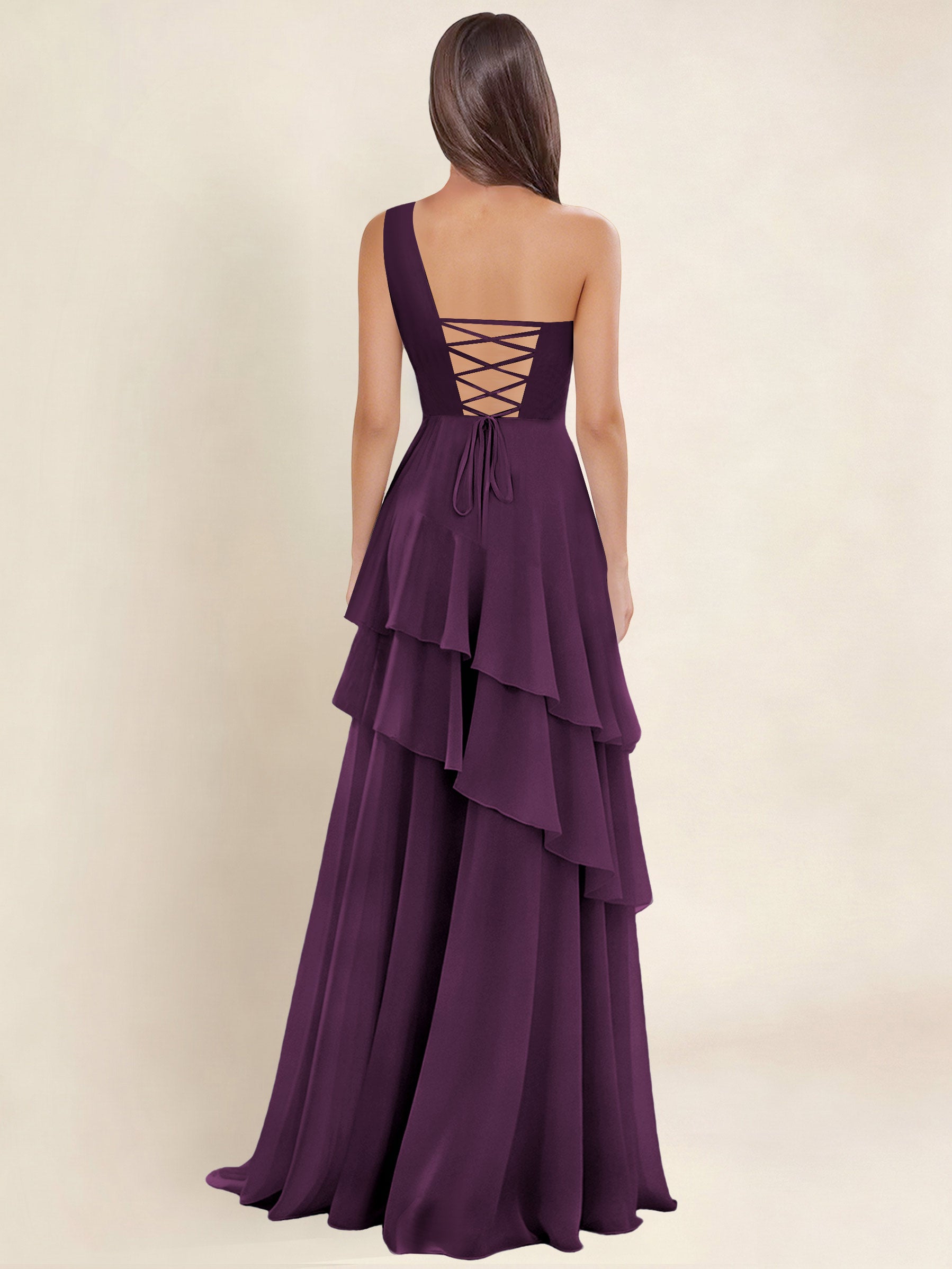 ROVDESY A-Line One Shoulder Pleated Tiered Chiffon Bridesmaid Dress