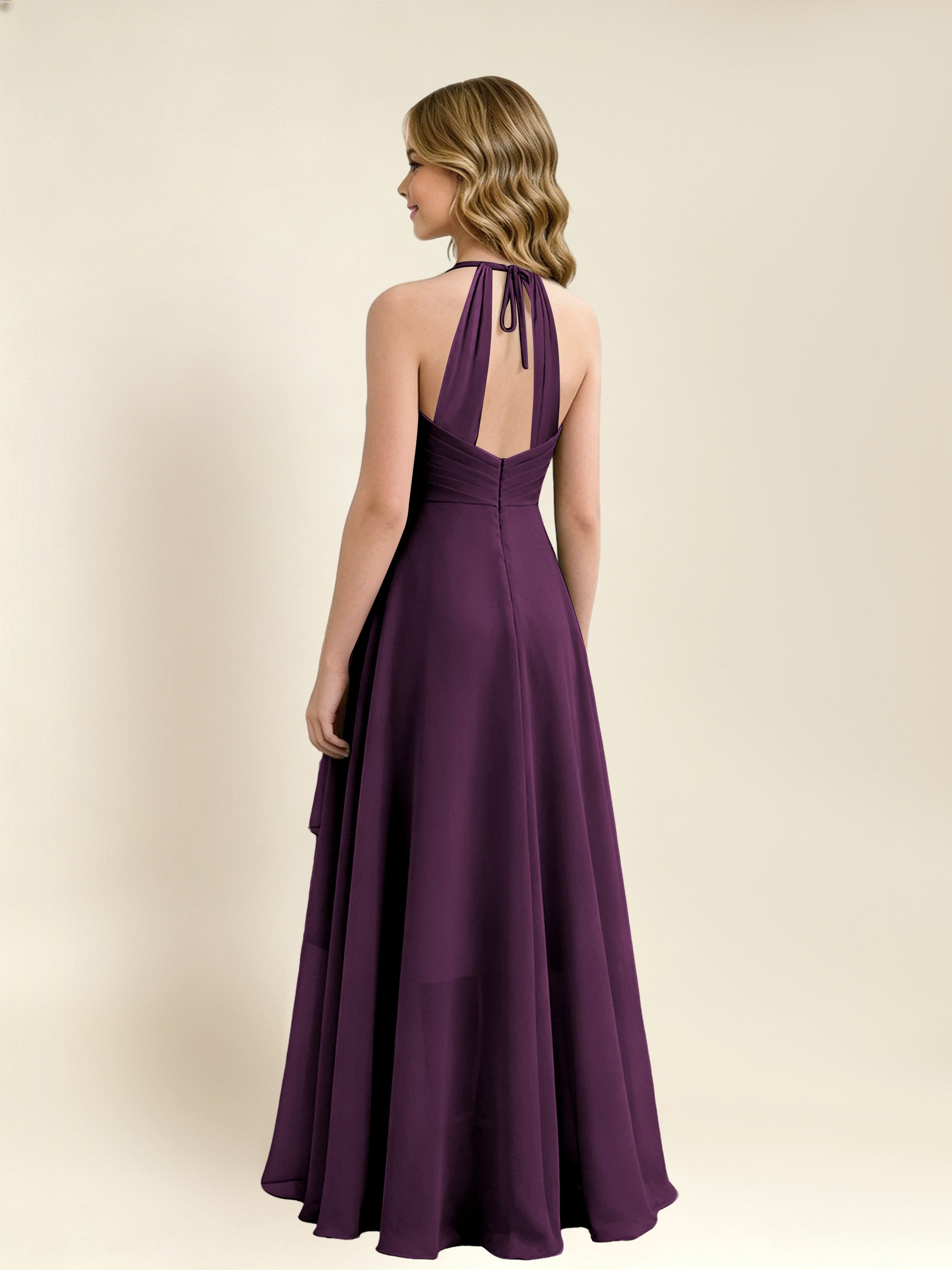 ROVDESY A-Line Halter Pleated Chiffon Junior Bridesmaid Dress