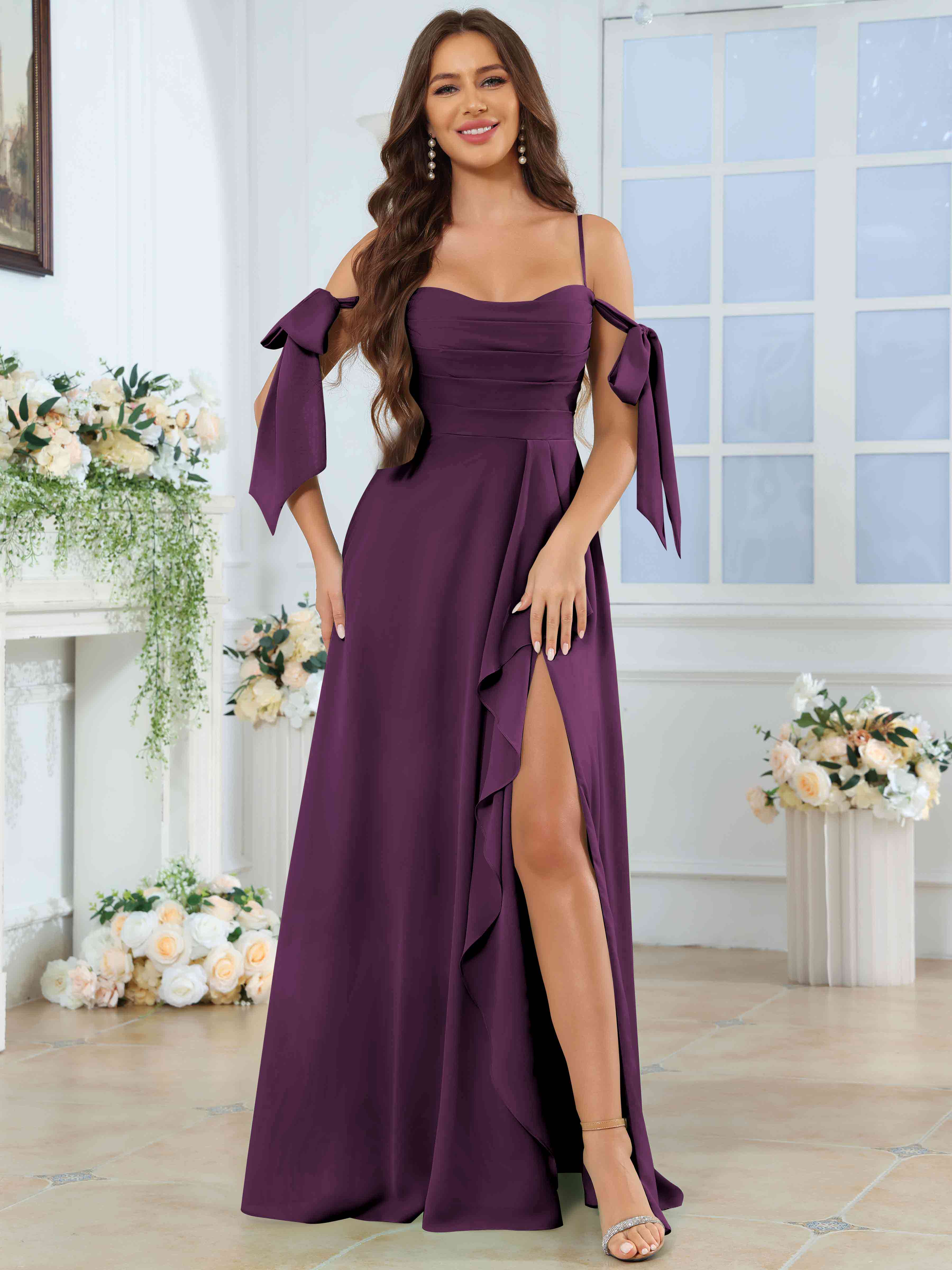 ROVDESY Spaghetti Strap Pleated Ruffle Slit Chiffon Bridesmaid Dress With Bow Sleeves