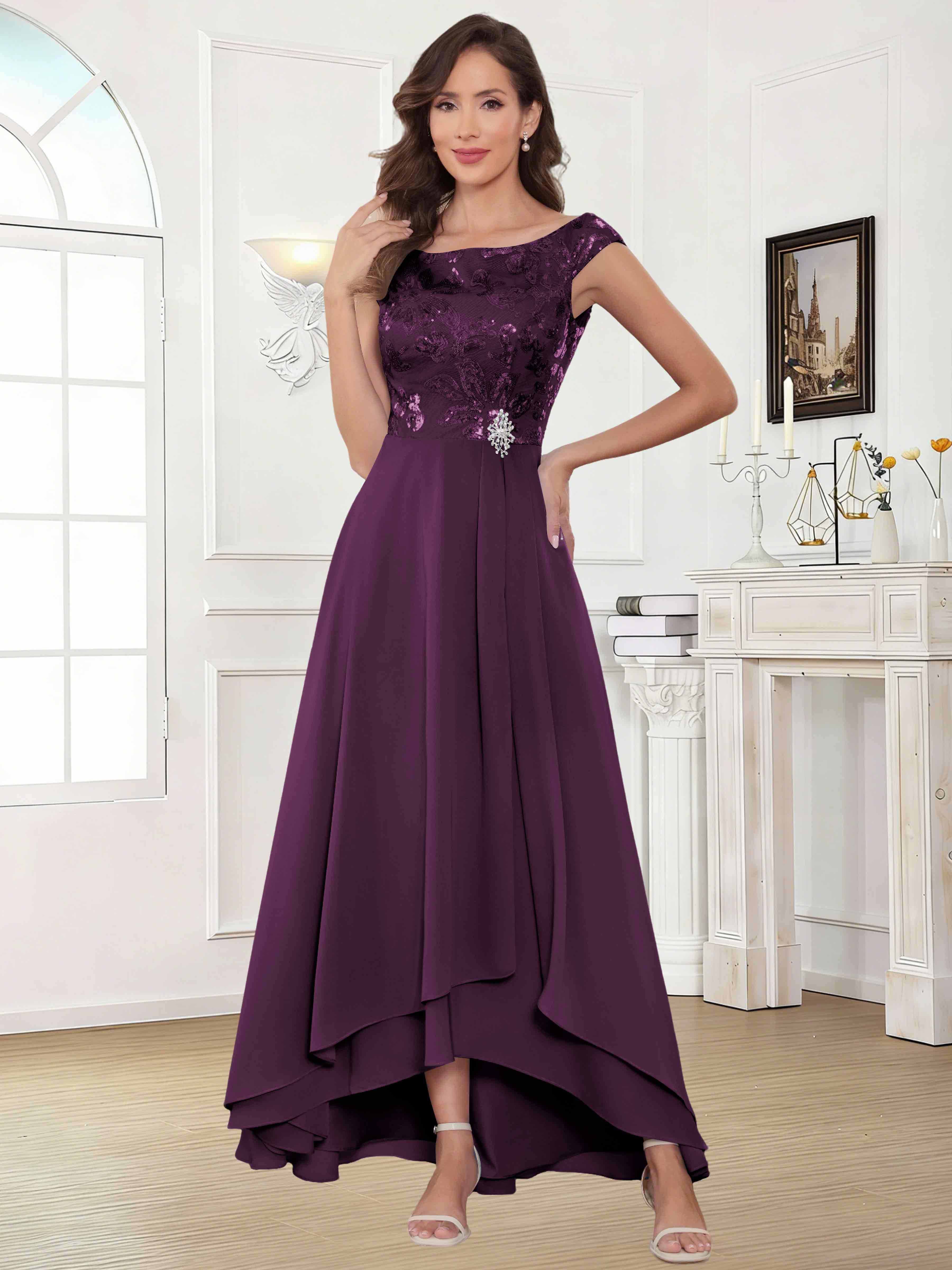 ROVDESY Tea Length Off-The-Shoulder Sequin Chiffon Mother Of The Bride Dress
