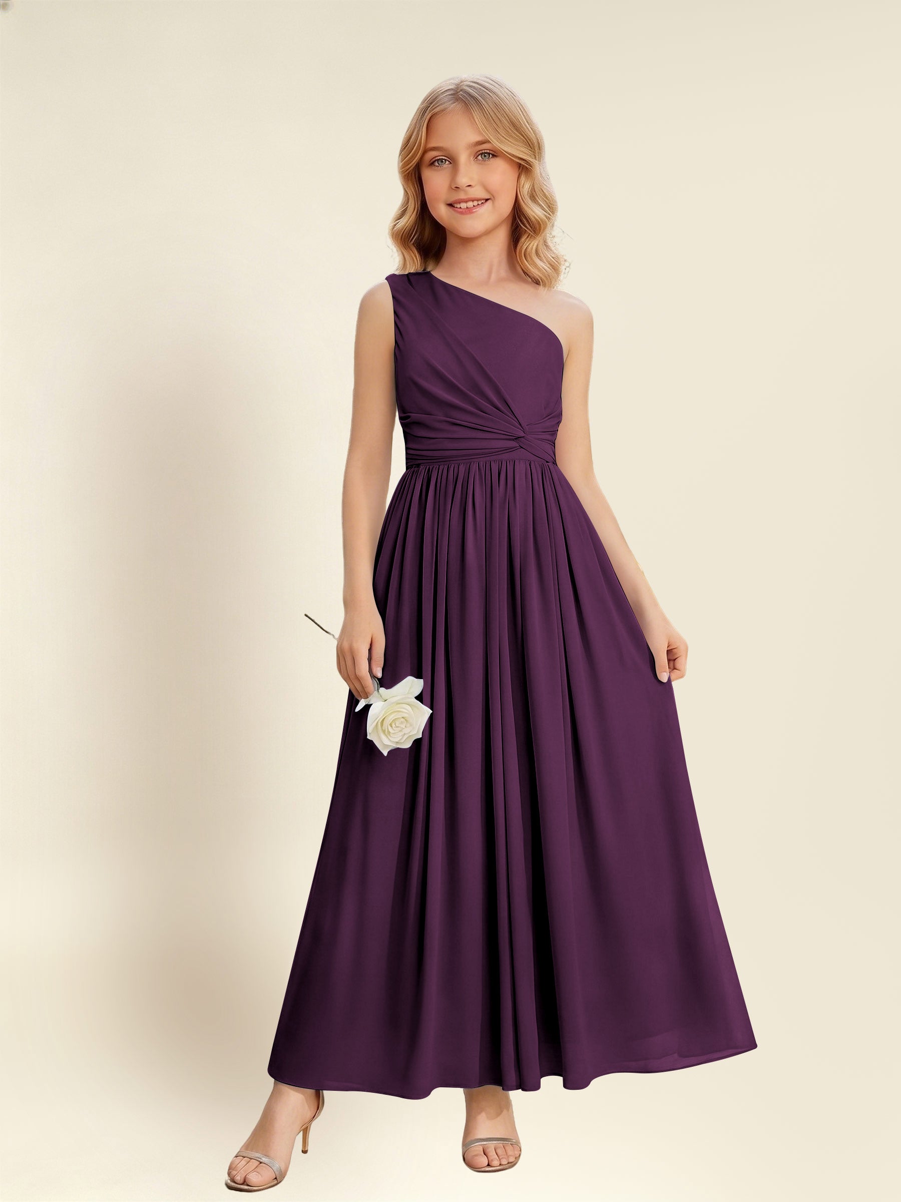 ROVDESY One Shoulder Twist Waist Chiffon Junior Bridesmaid Maxi Dress