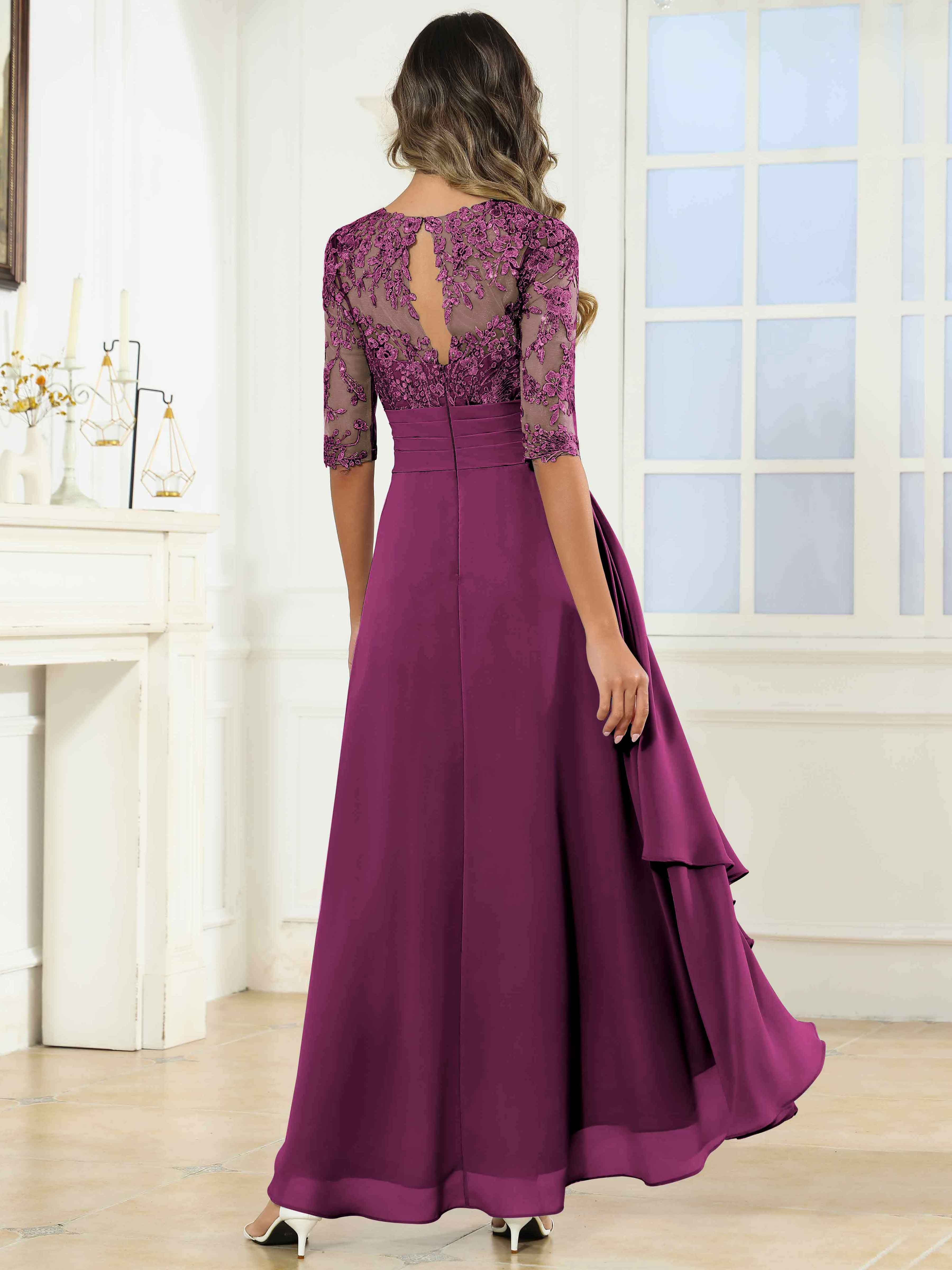 ROVDESY Tea Length A-Line Lace Chiffon Mother Of The Bride Dress With Half Sleeves