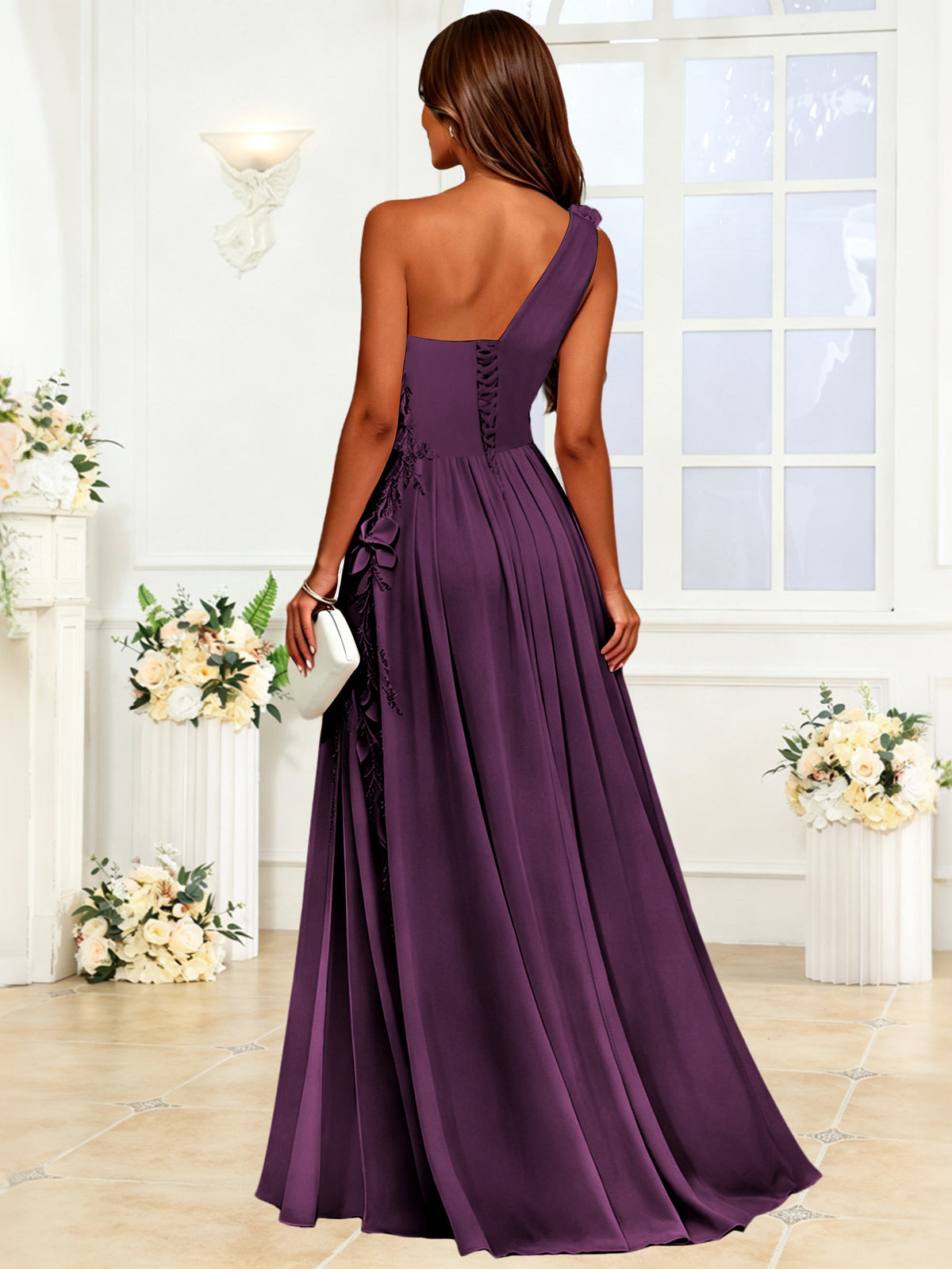 One Shoulder 3D Flower Chiffon Bridesmaid Dress with Slit