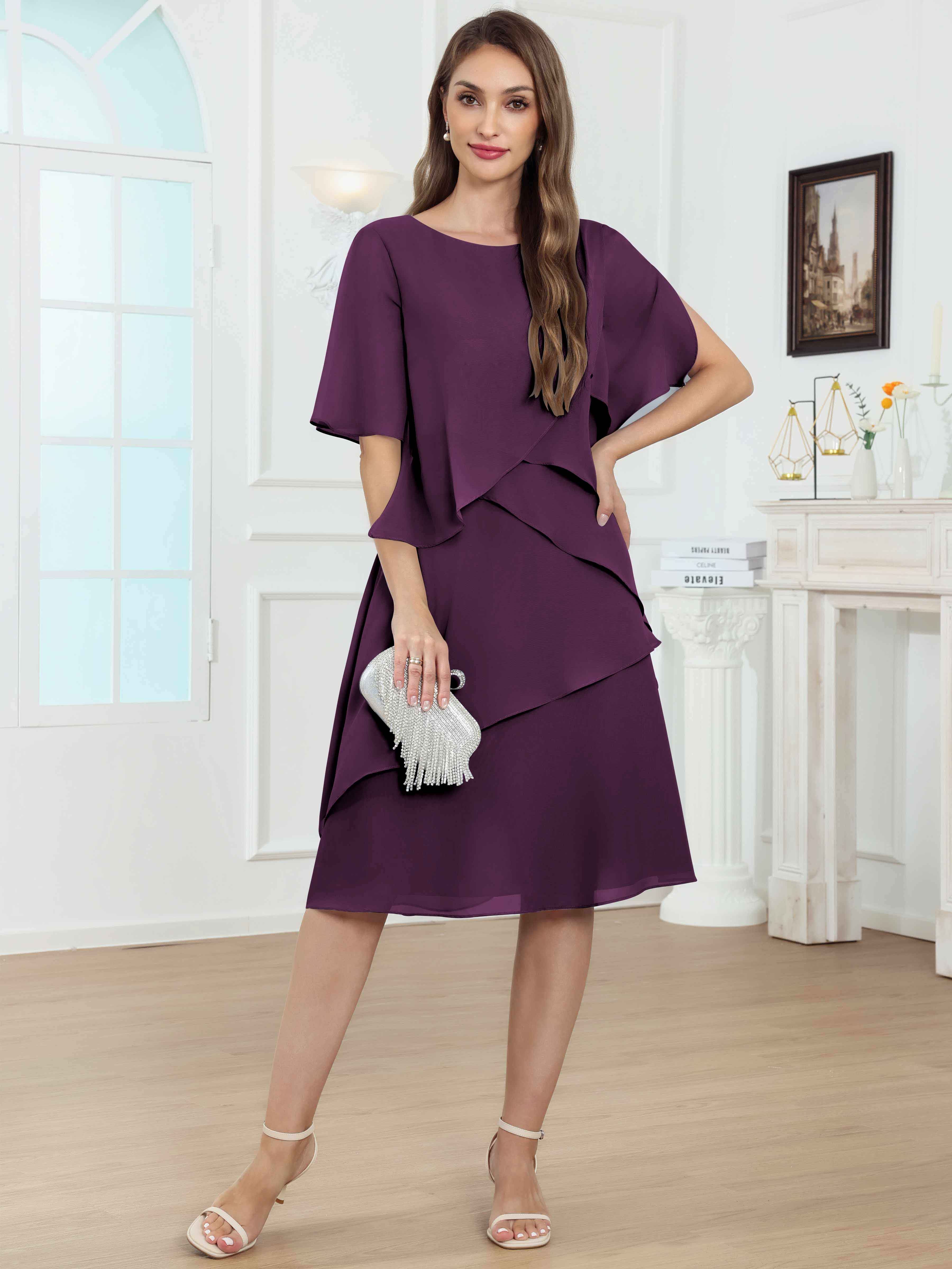 ROVDESY Knee Length Tiered Ruffle Chiffon Mother Of The Bride Dress With Half Sleeves
