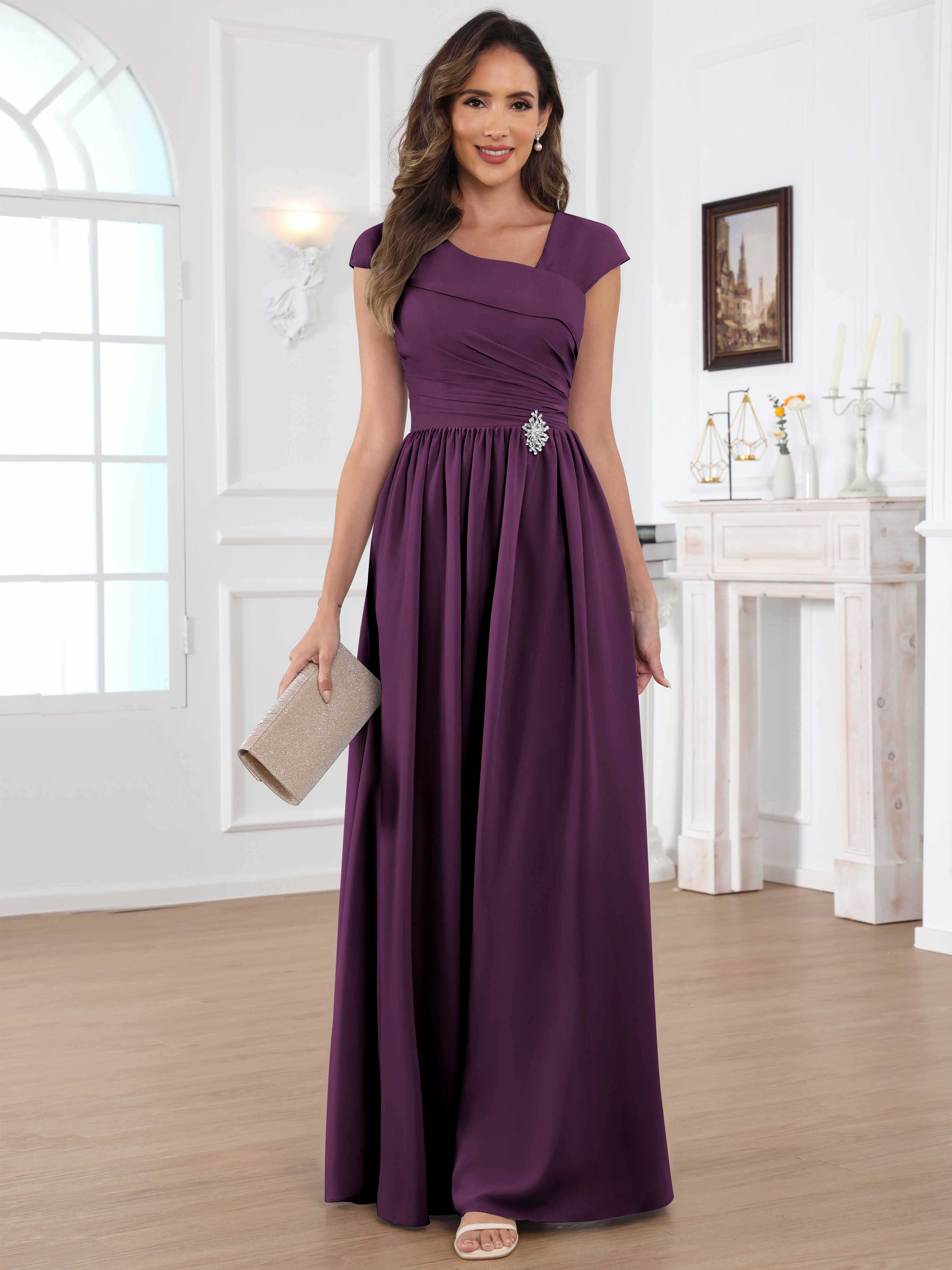 ROVDESY A-Line Cap Sleeves Pleated Chiffon Mother Of The Bride Dress