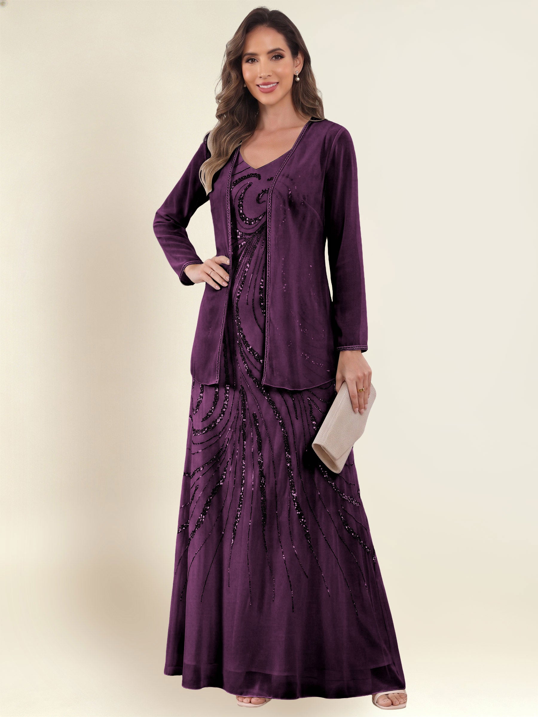 ROVDESY 2 Pieces V-Neck Sequin Chiffon Long Mother Of The Bride Dress With Long Sleeve Jacket