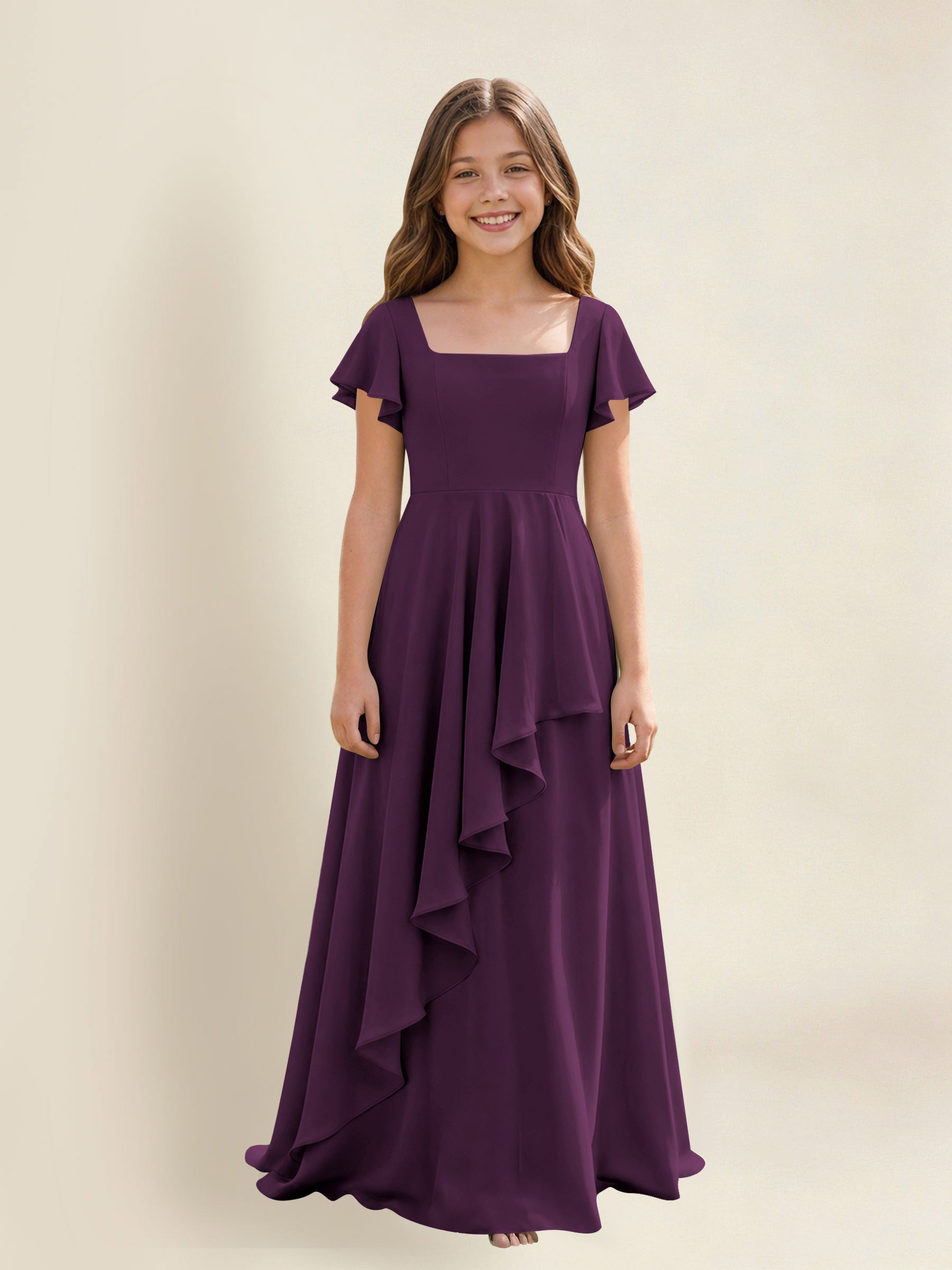 ROVDESY A-Line Square Neck Ruffle Chiffon Junior Bridesmaid Dress With Short Sleeves