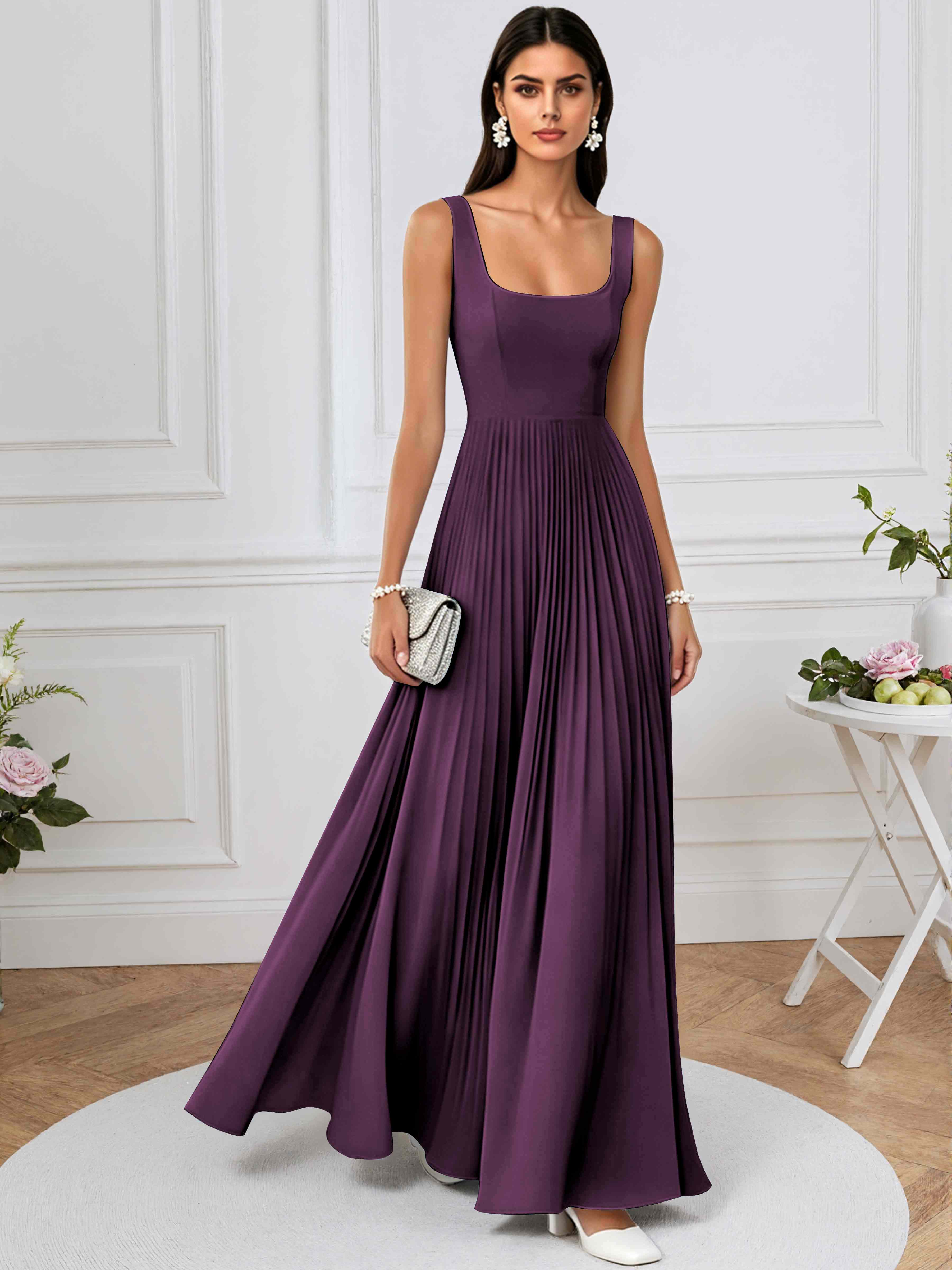 ROVDESY A-Line Square Neck Pleated Chiffon Long Bridesmaid/Prom Dress