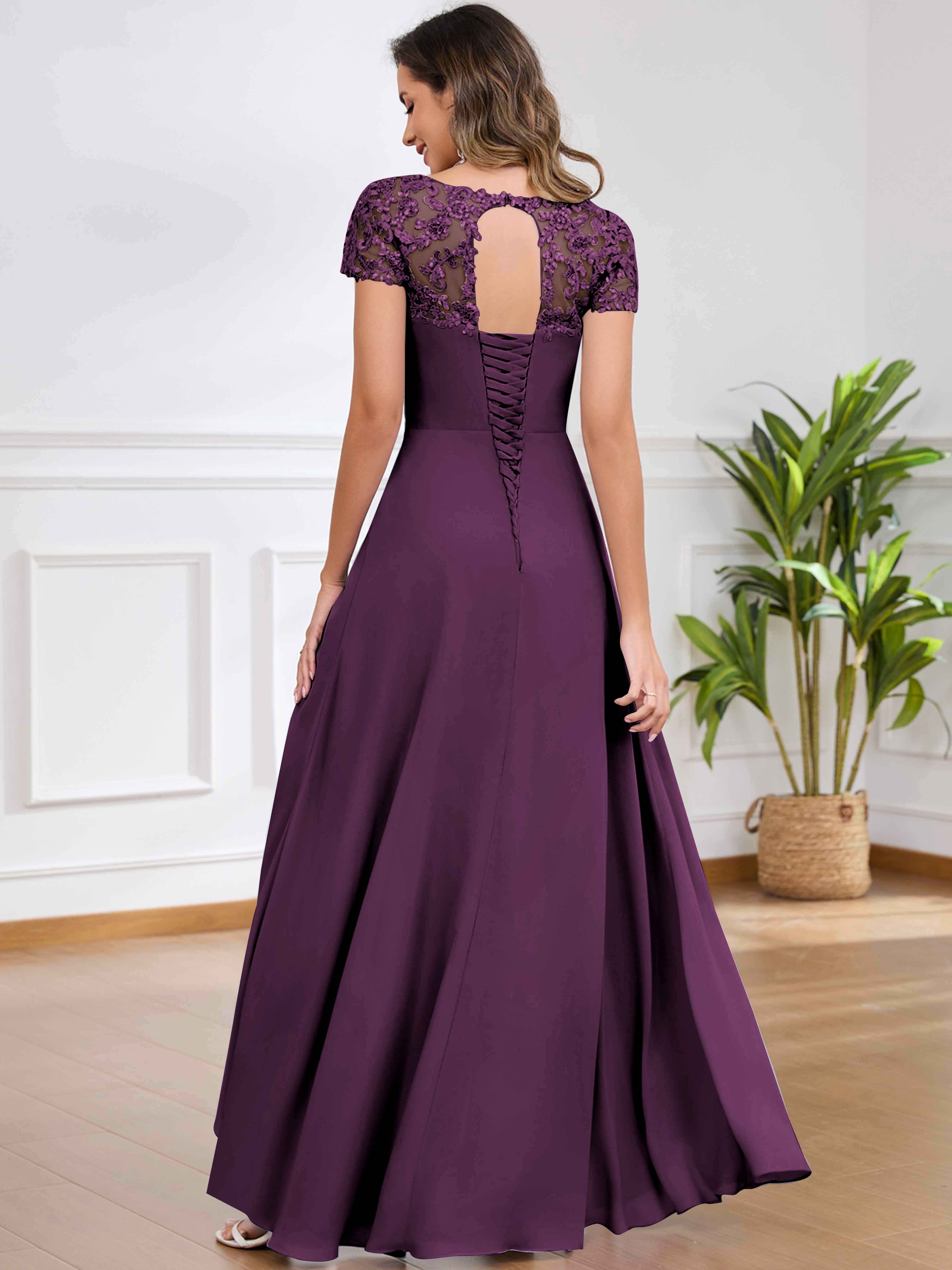 ROVDESY A-Line Pleated Lace Sequin Ruffle Chiffon Mother Of The Bride Dress With Slit