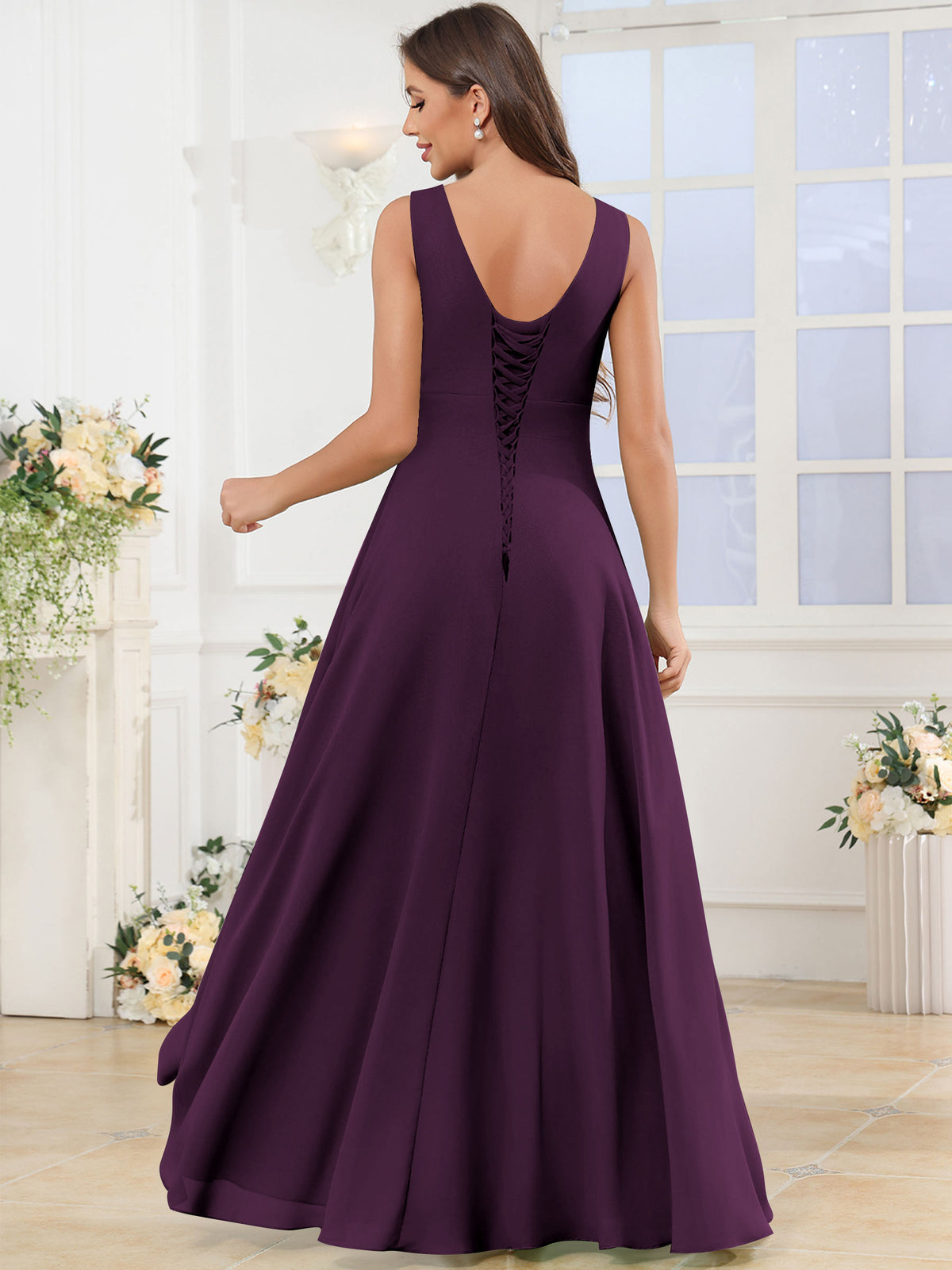 V Neck Chiffon A Line Ruffle Bridesmaid Dress with Slit