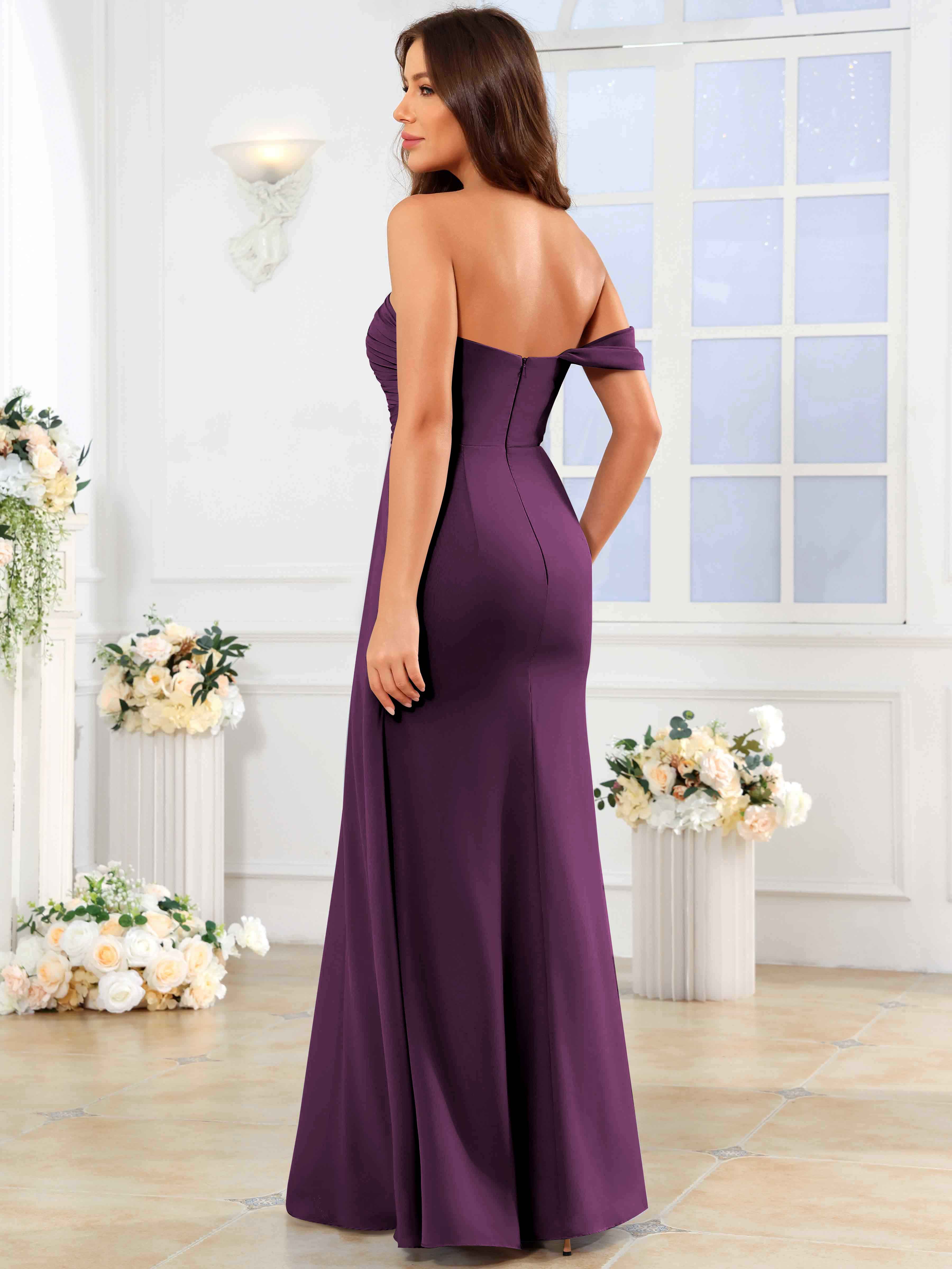 ROVDESY One Shoulder Off The Shoulder Pleated Chiffon Bridesmaid Dress
