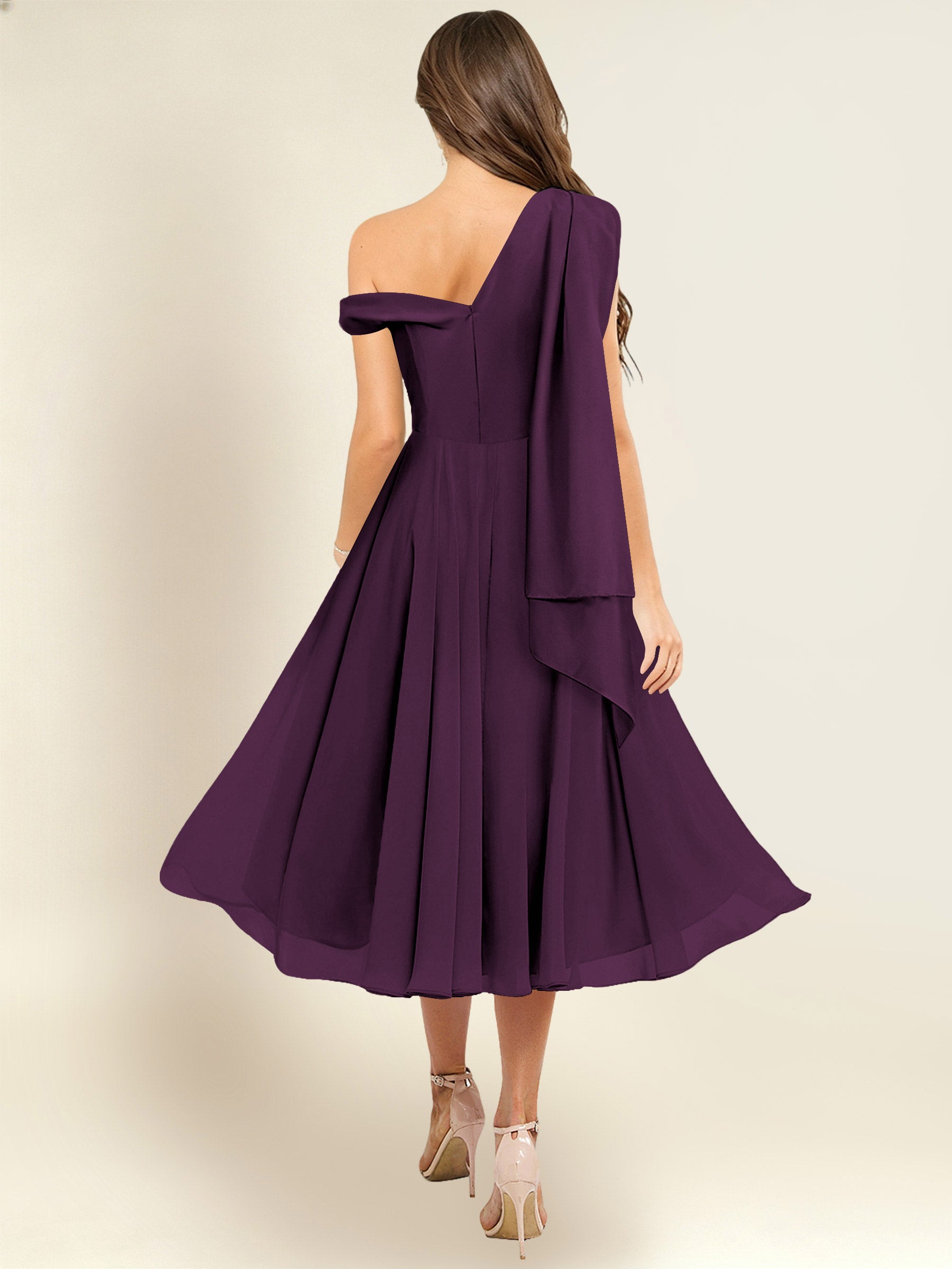 ROVDESY A-Line One Shoulder Pleated Chiffon Bridesmaid Dress With Flowing Sash