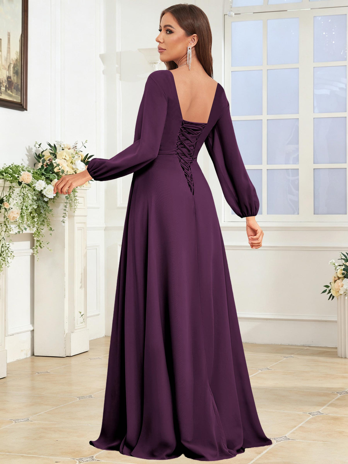 V Neck Chiffon Long Sleeve Bridesmaid Dresses with Slit