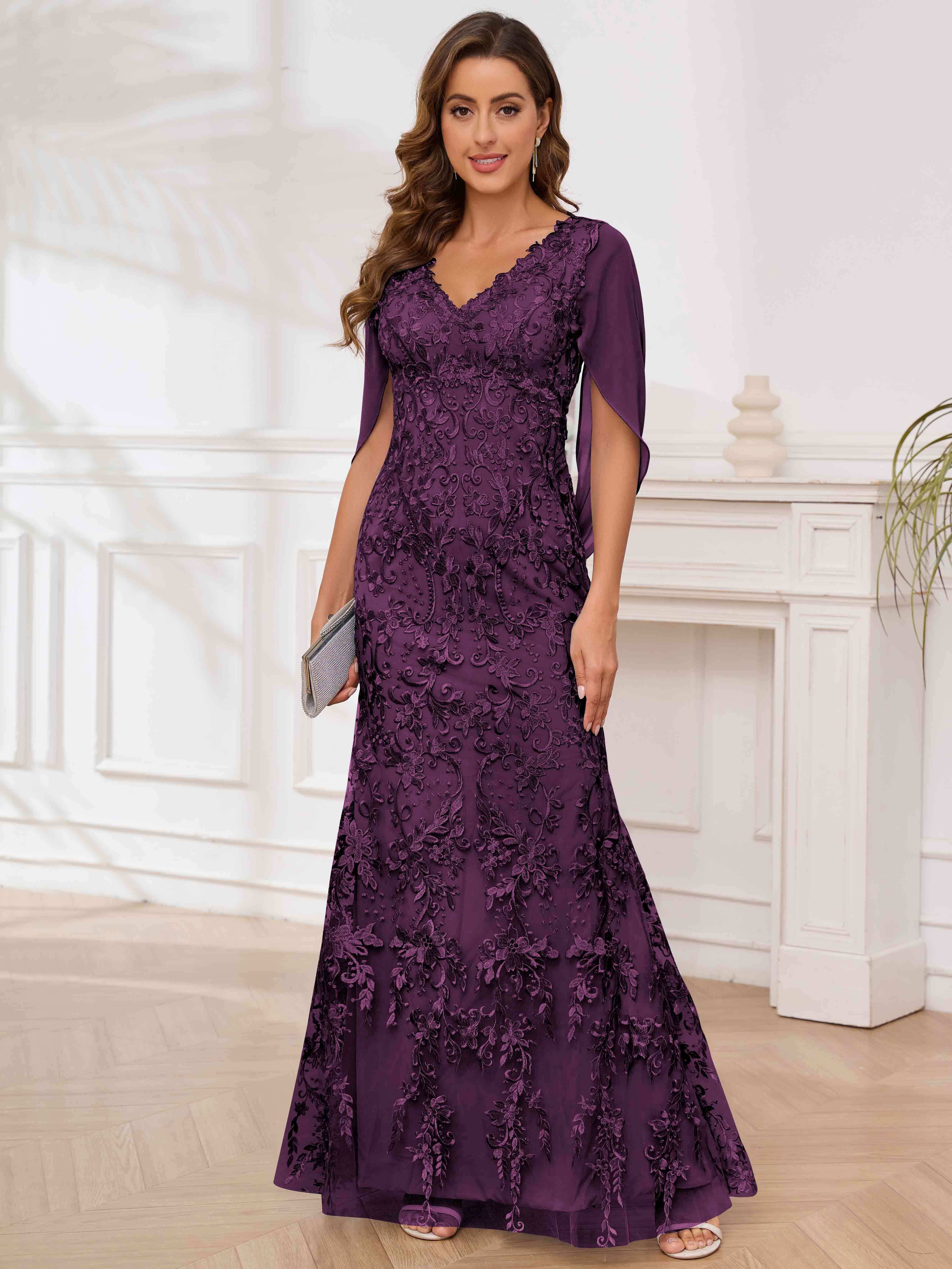 ROVDESY V-Neck Lace Mermaid Mother Of The Bride Dress With Cape Sleeves Long Formal Gown