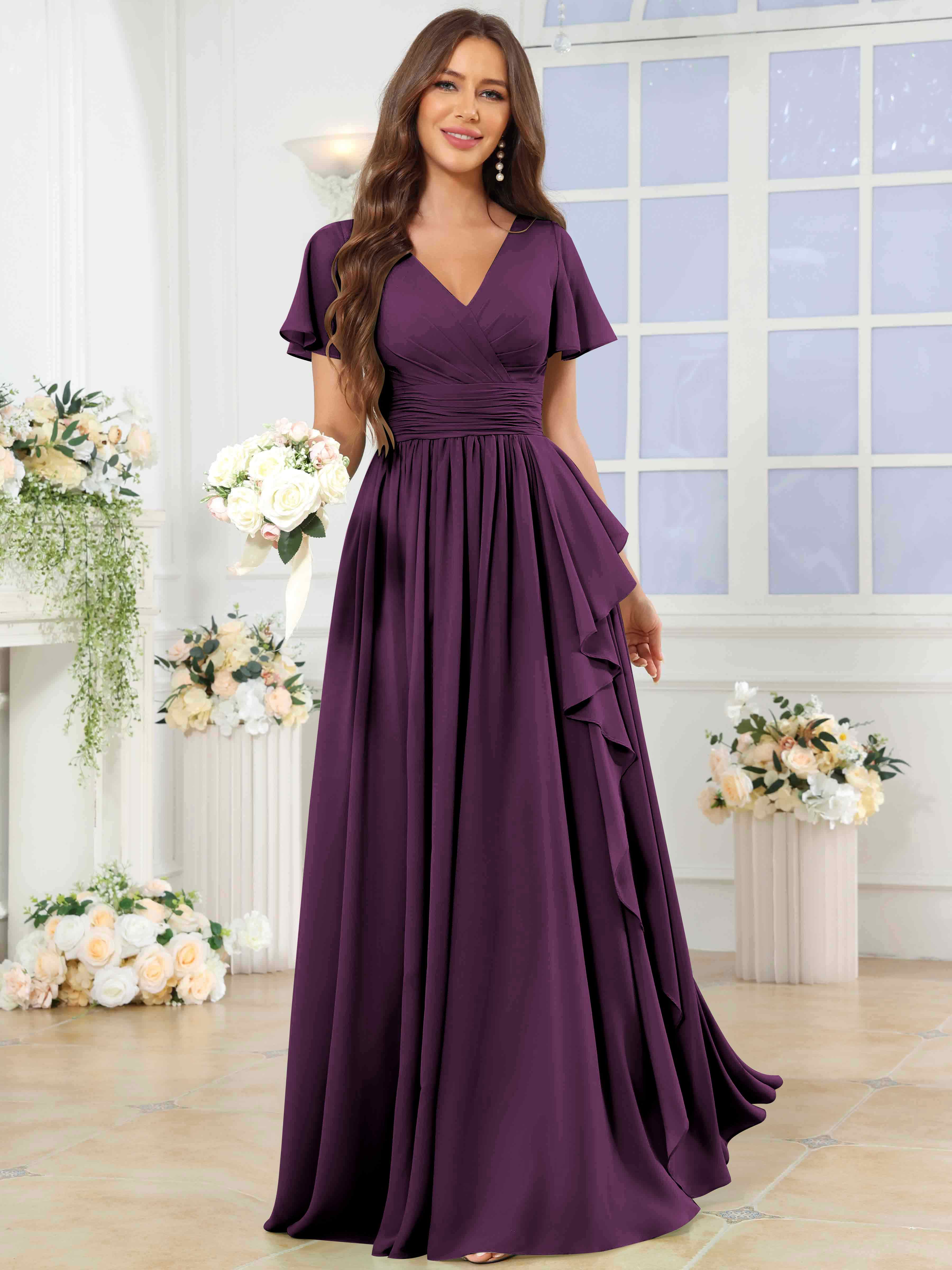 ROVDESY A-Line V-Neck Slit Pleated Ruffle Chiffon Bridesmaid Dress With Short Sleeves