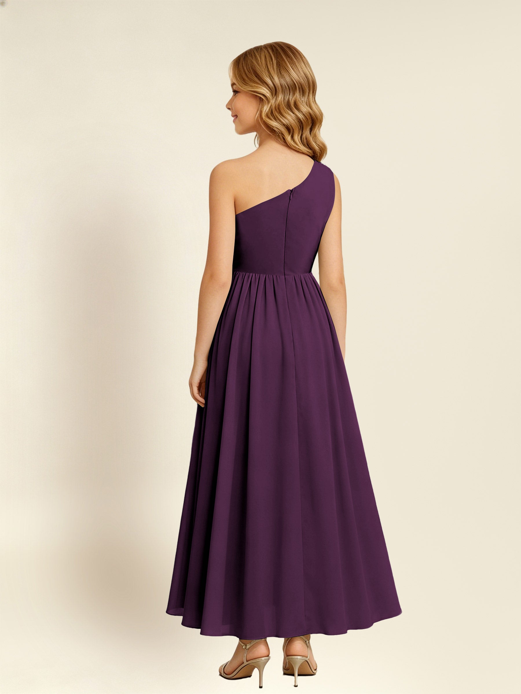 ROVDESY One Shoulder Twist Waist Chiffon Junior Bridesmaid Maxi Dress