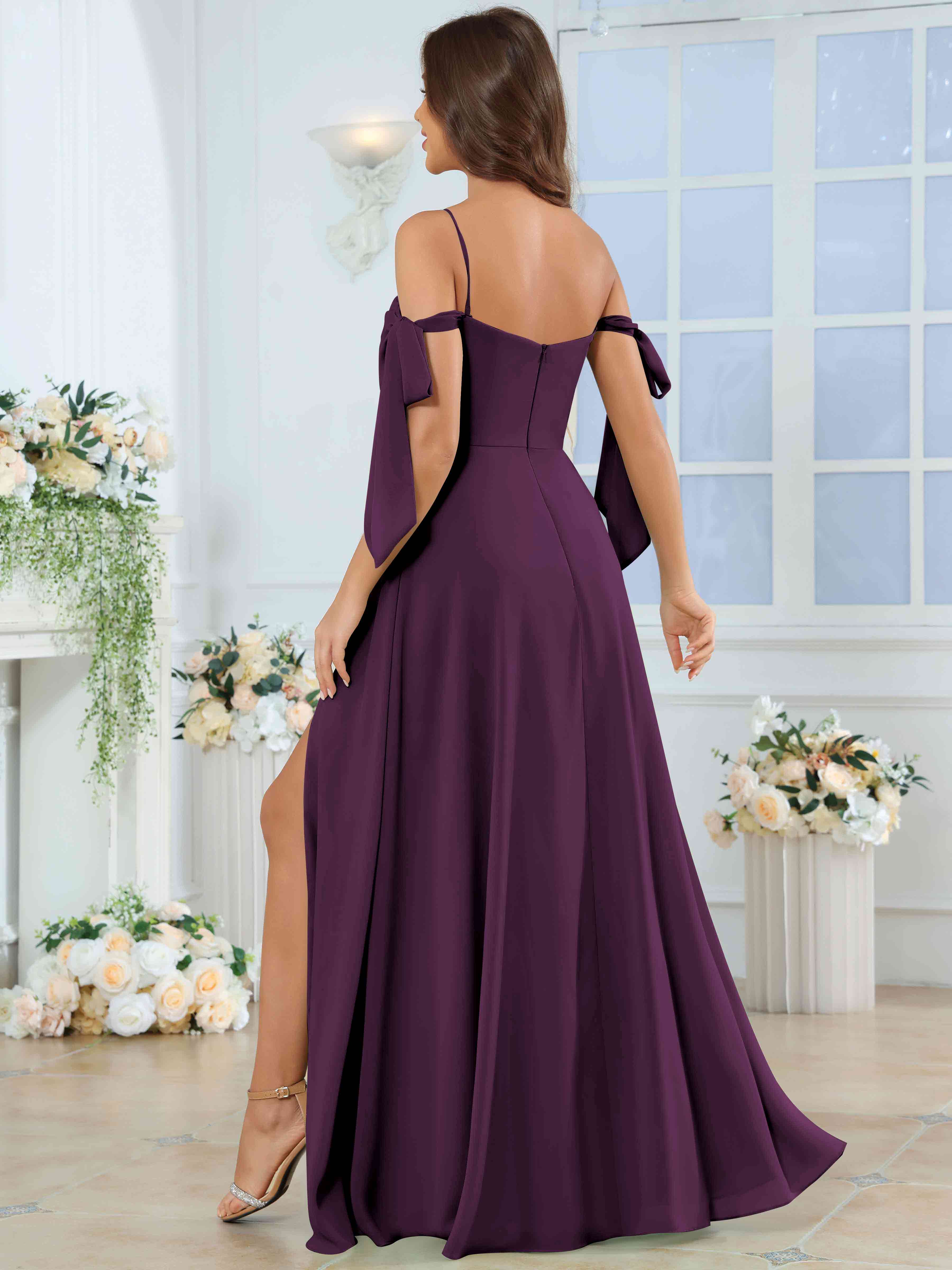 ROVDESY Spaghetti Strap Pleated Ruffle Slit Chiffon Bridesmaid Dress With Bow Sleeves