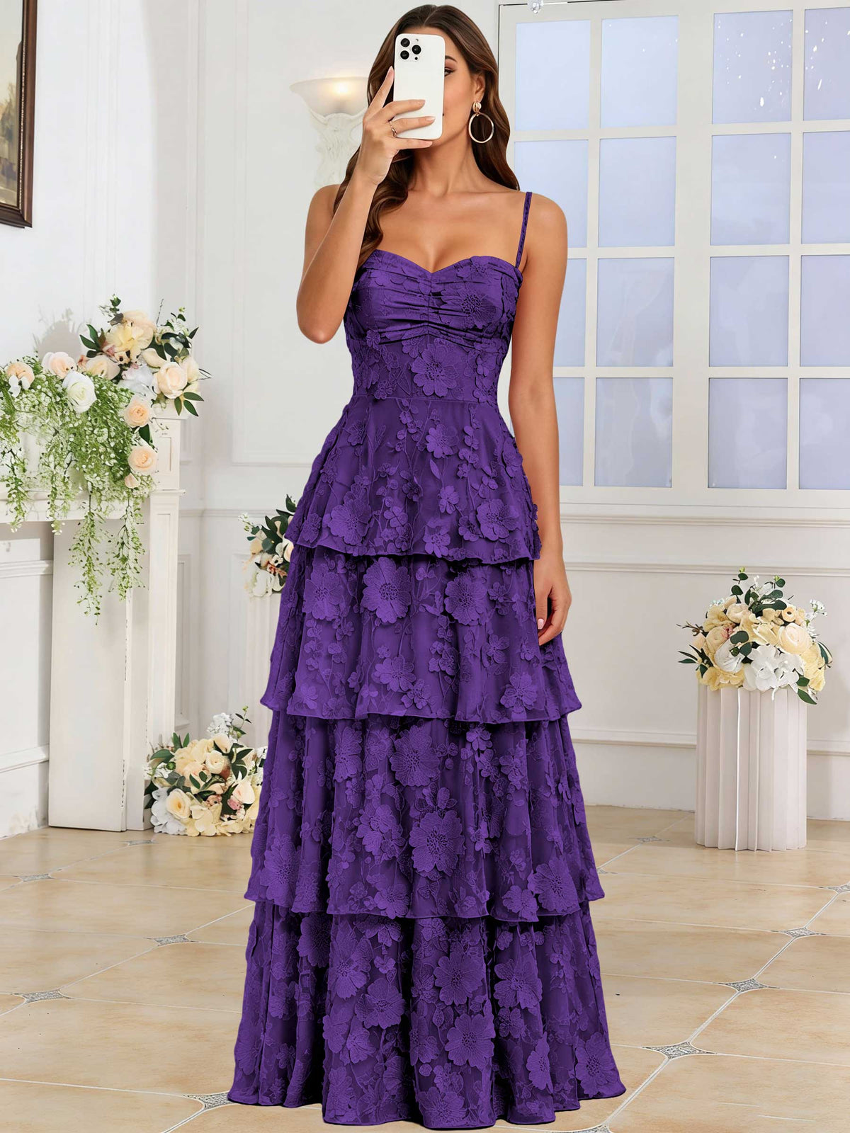 Spaghetti Strap 3D Floral Tiered Tulle Formal Prom Dress