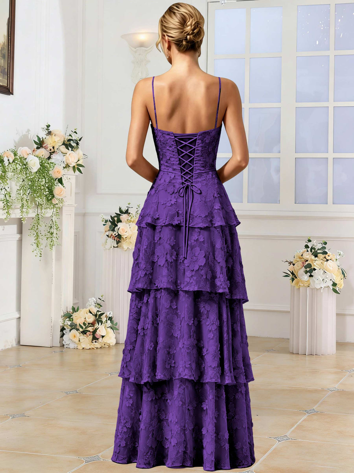 Spaghetti Strap 3D Floral Tiered Tulle Formal Prom Dress