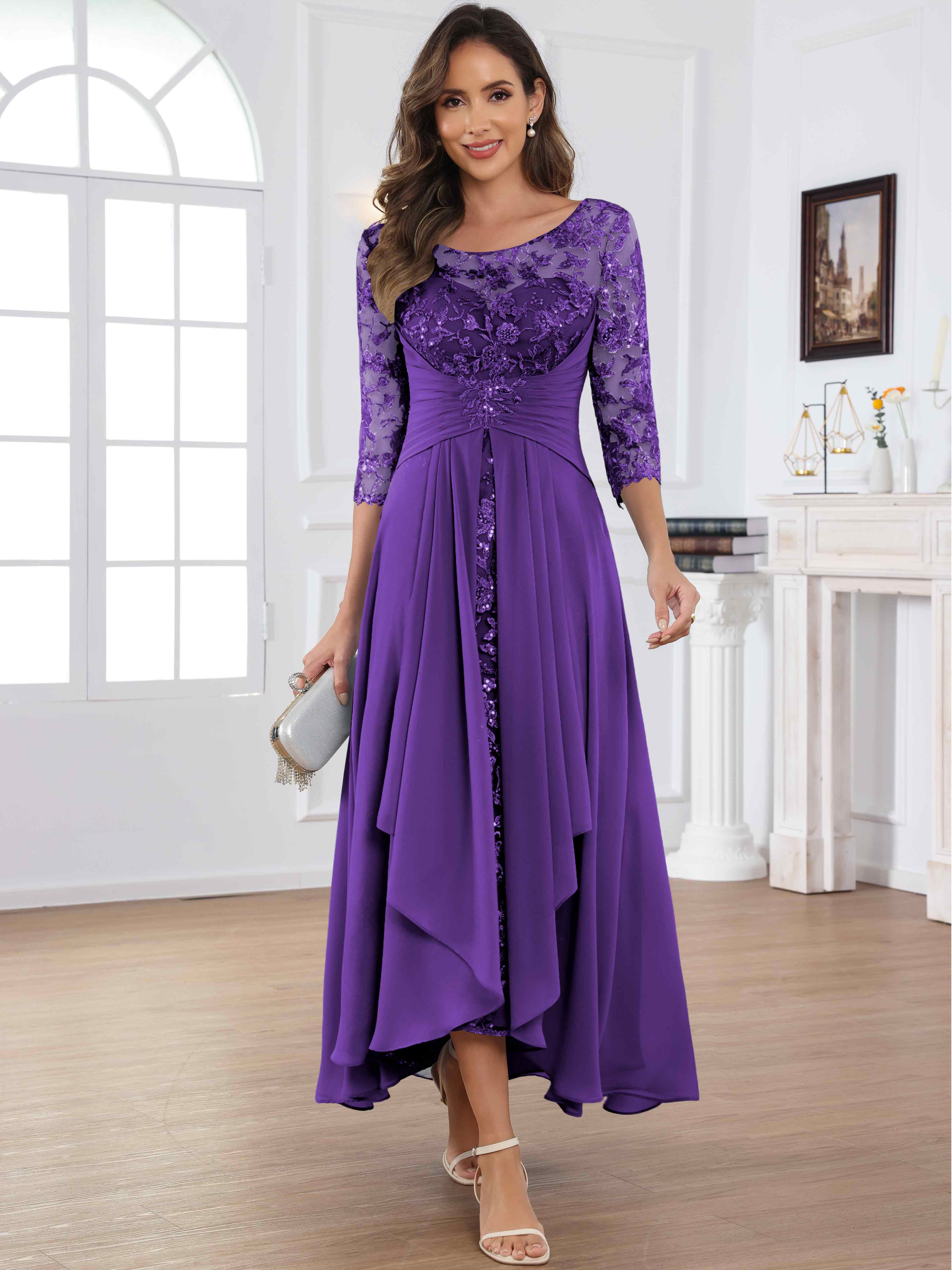 ROVDESY Tea Length Lace Chiffon Mother of The Bride Dress with 3/4 Sleeves