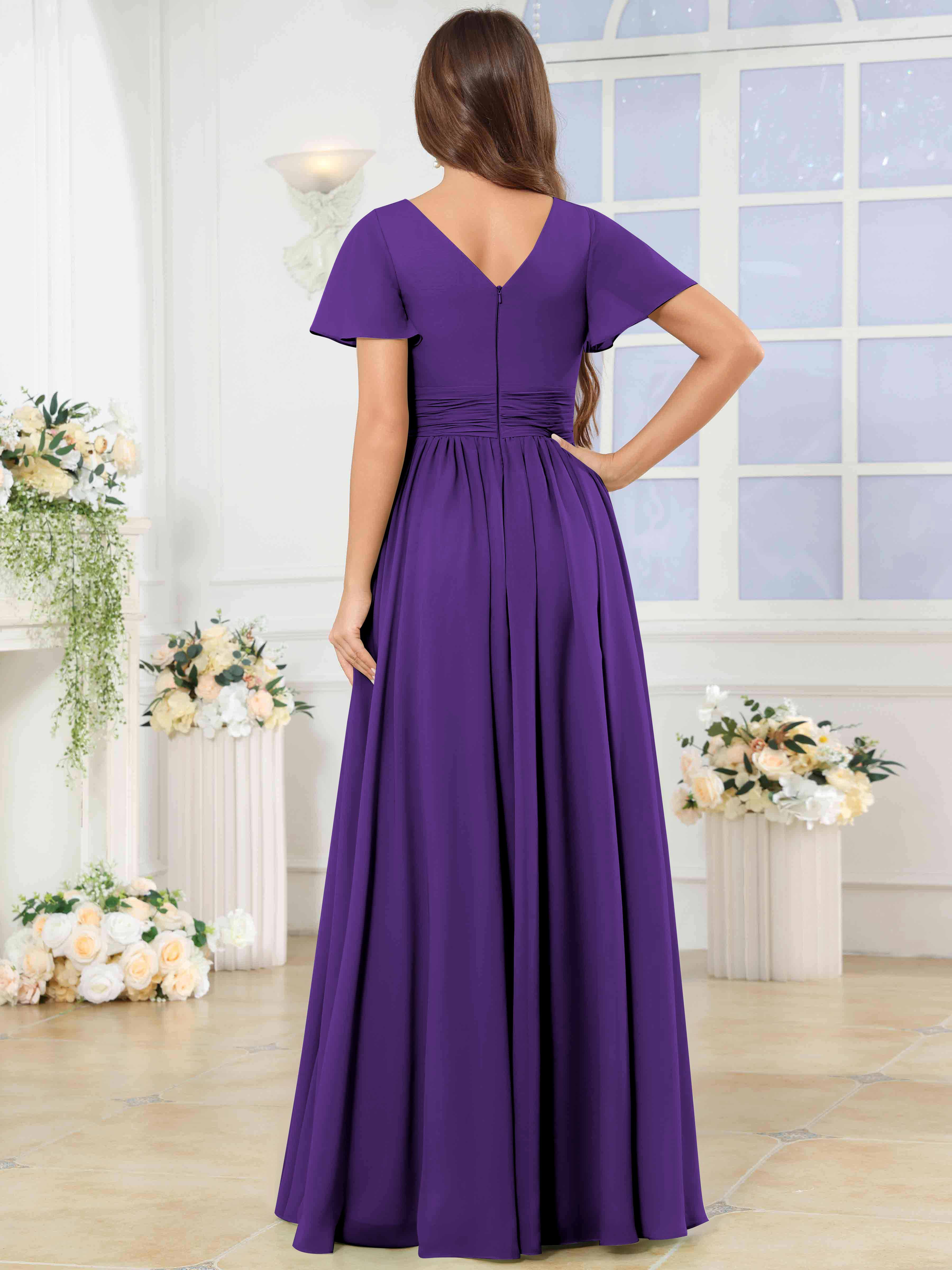 ROVDESY A-Line V-Neck Slit Pleated Ruffle Chiffon Bridesmaid Dress With Short Sleeves