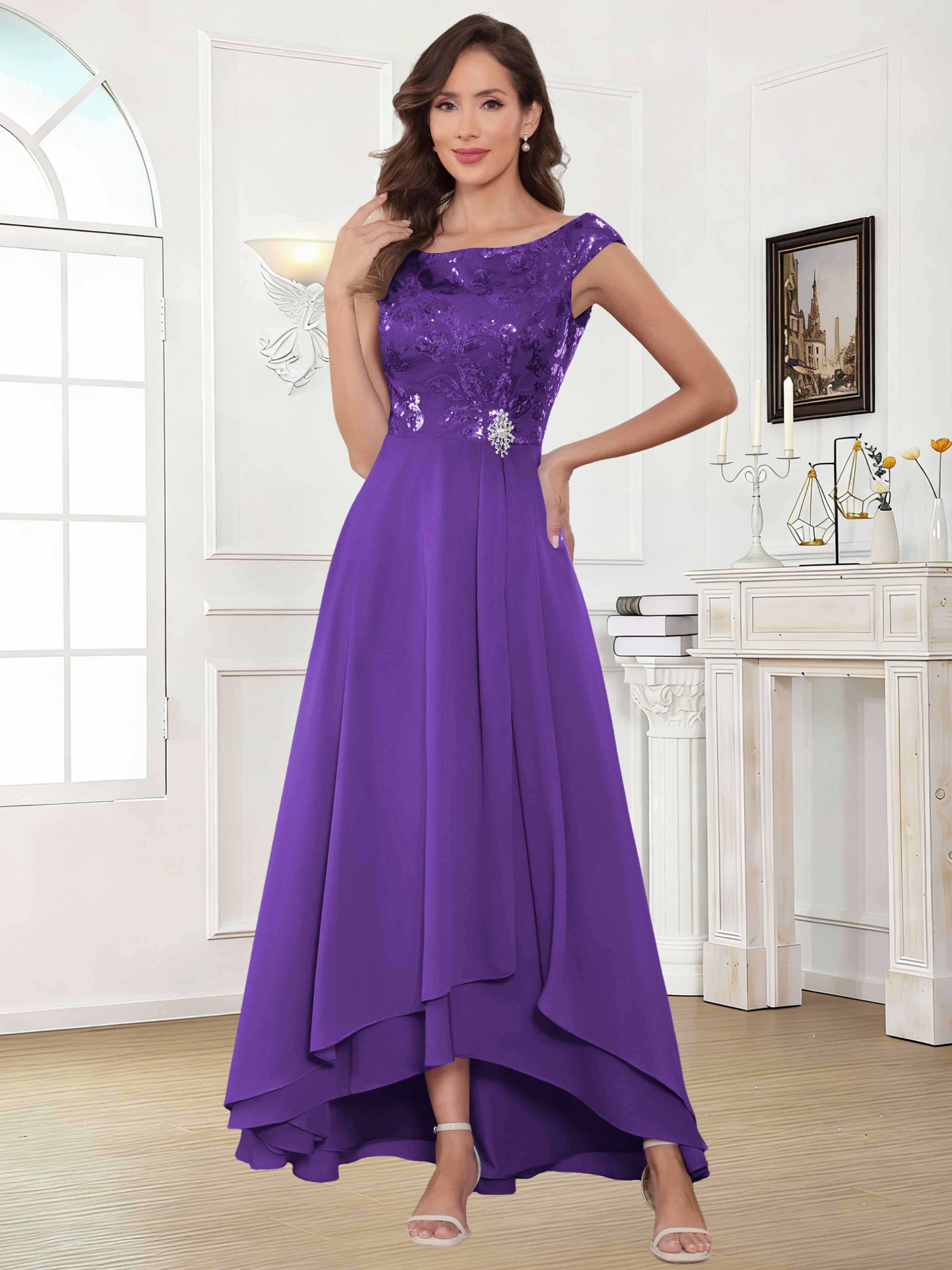 ROVDESY Tea Length Off-The-Shoulder Sequin Chiffon Mother Of The Bride Dress