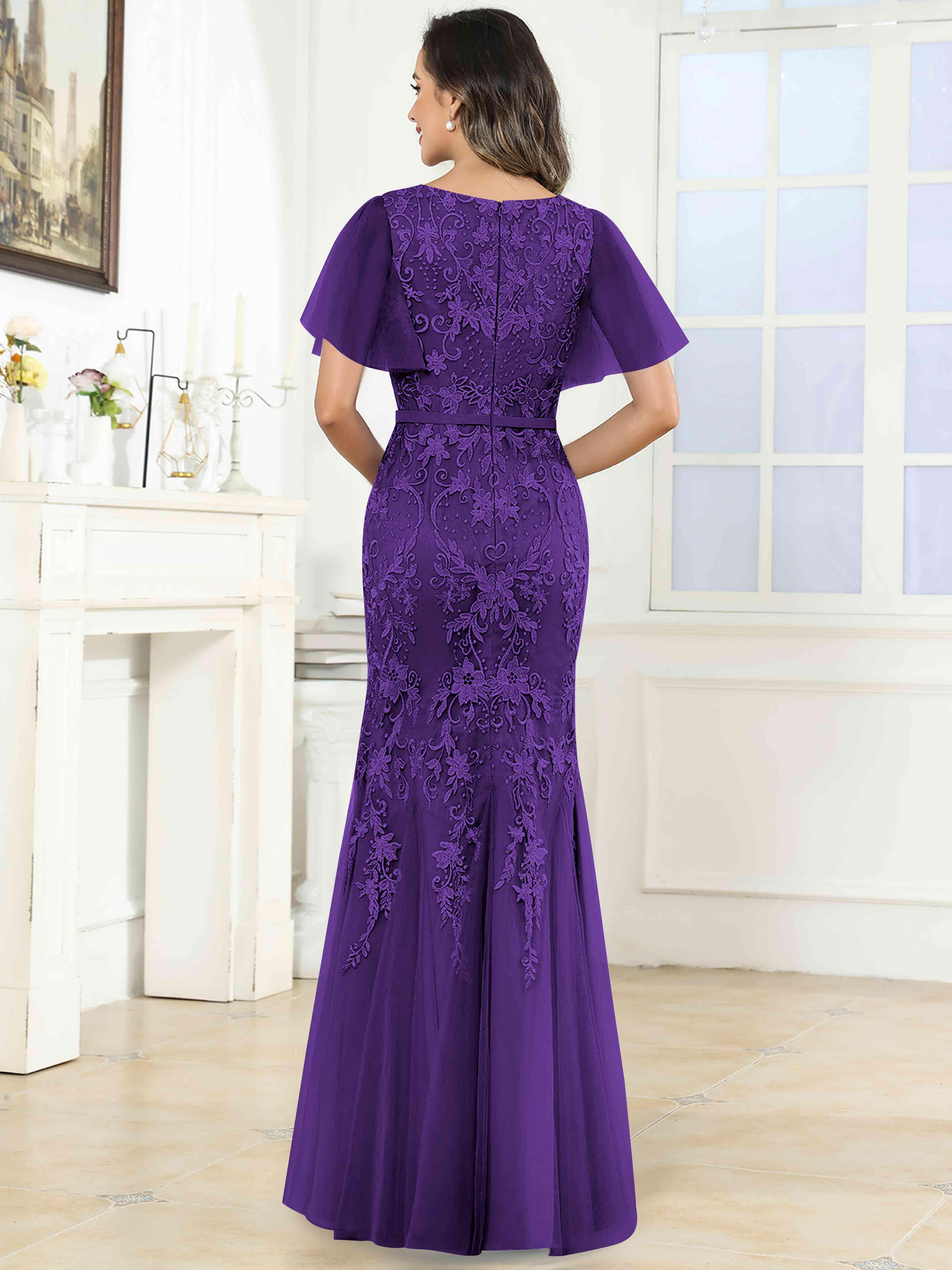 ROVDESY Elegant V-Neck Lace Mermaid Long Mother Of The Bride Dress Formal Gown With Sleeves