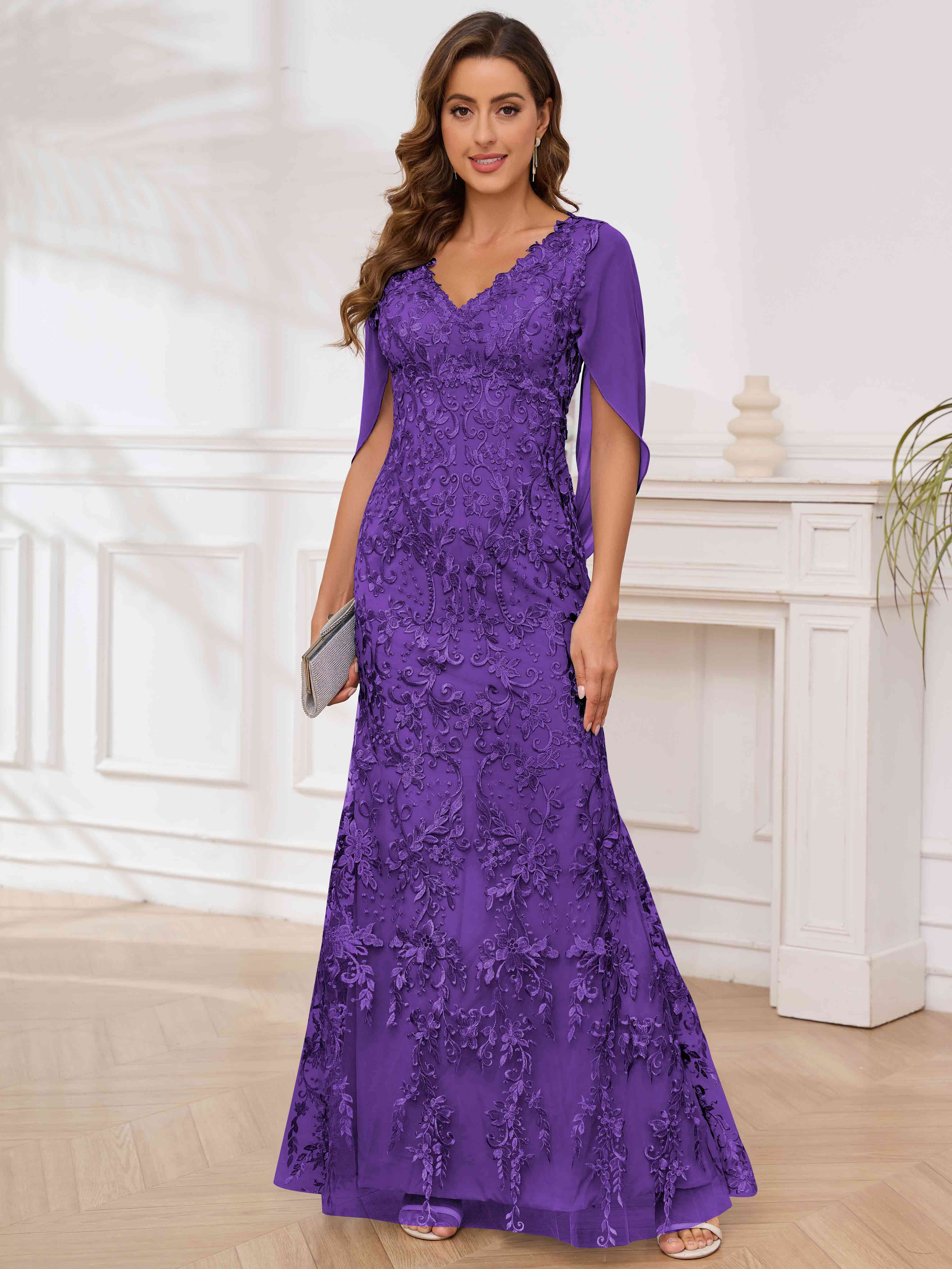 ROVDESY V-Neck Lace Mermaid Mother Of The Bride Dress With Cape Sleeves Long Formal Gown