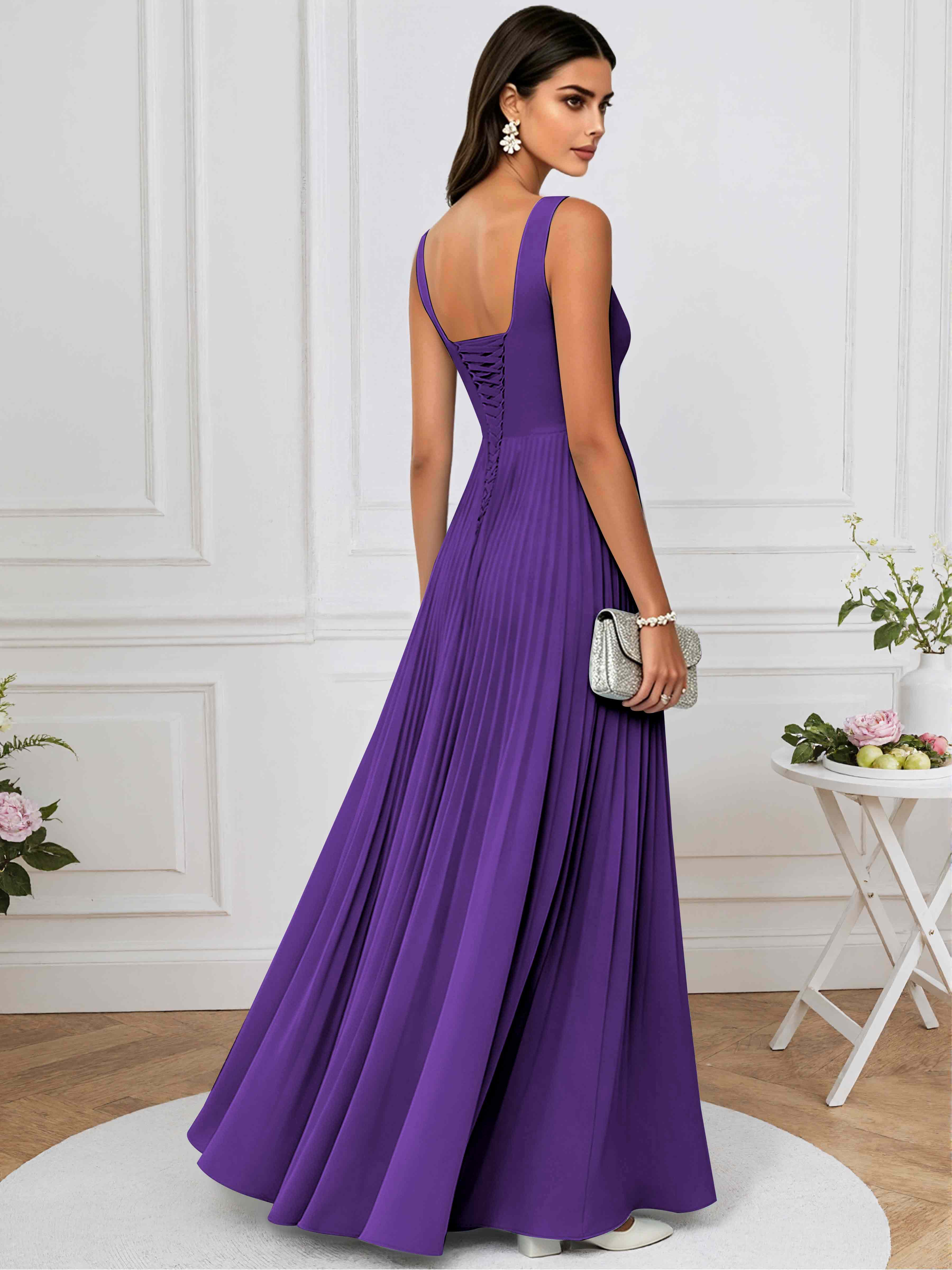 ROVDESY A-Line Square Neck Pleated Chiffon Long Bridesmaid/Prom Dress
