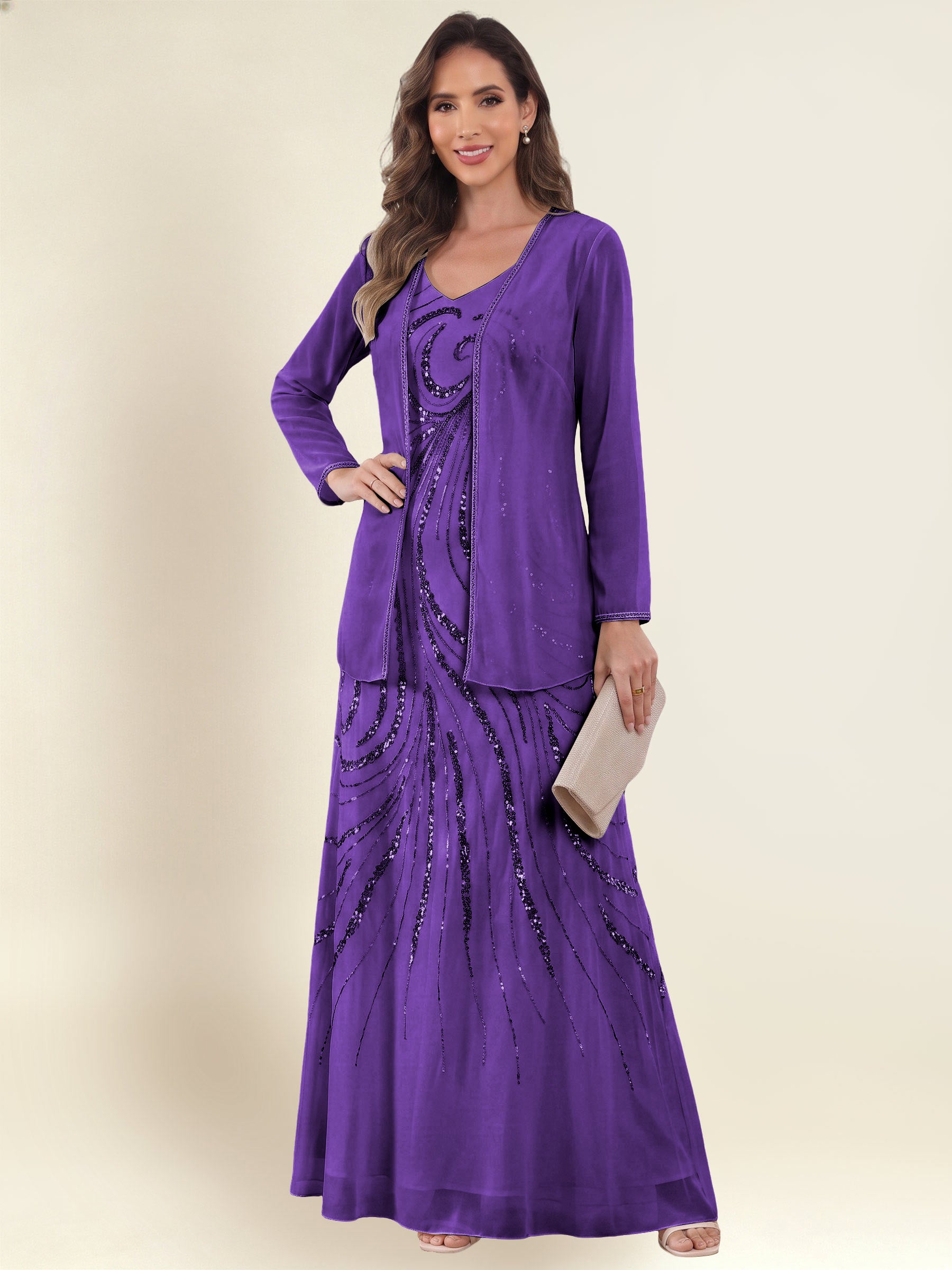 ROVDESY 2 Pieces V-Neck Sequin Chiffon Long Mother Of The Bride Dress With Long Sleeve Jacket