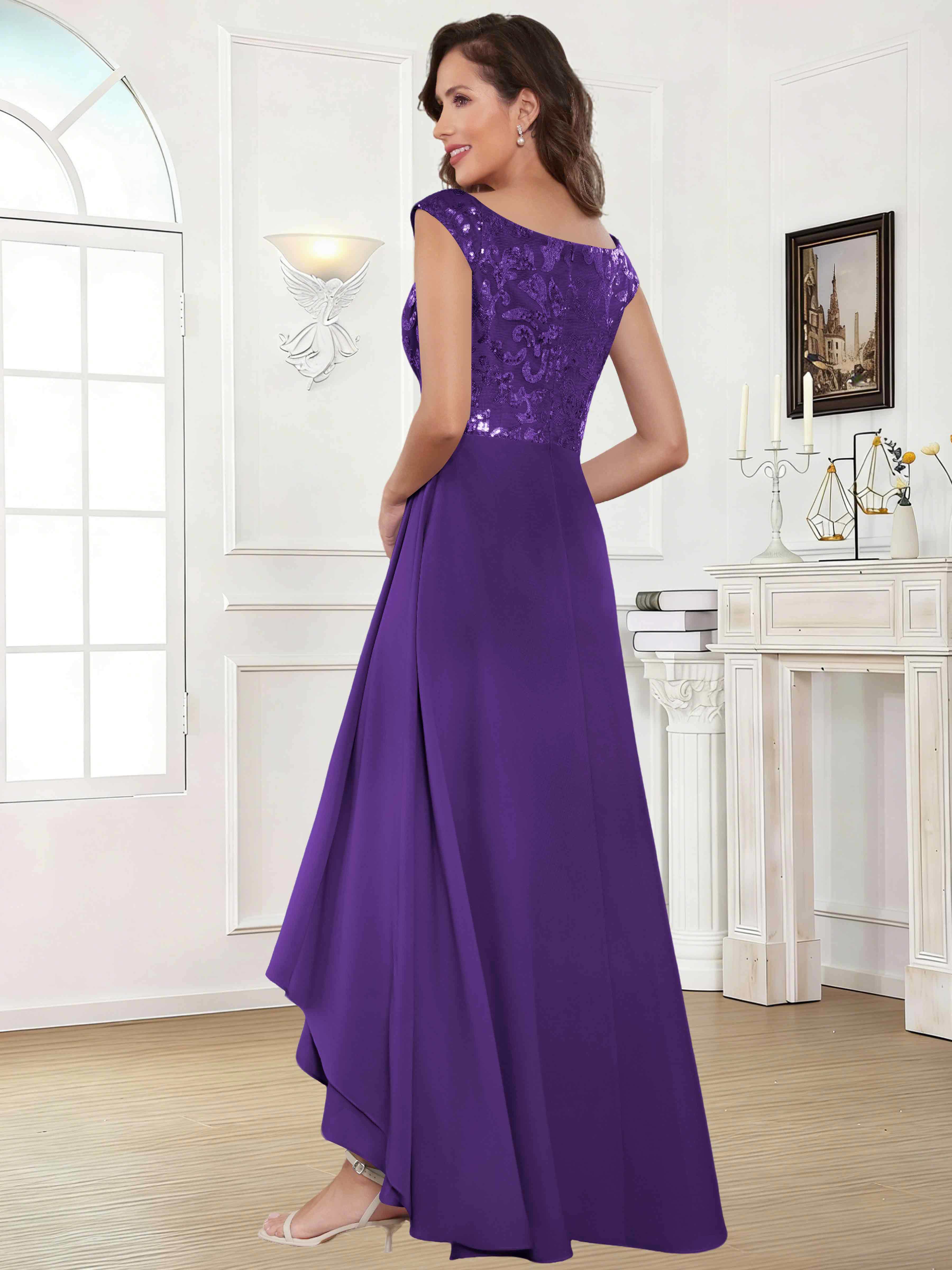 ROVDESY Tea Length Off-The-Shoulder Sequin Chiffon Mother Of The Bride Dress