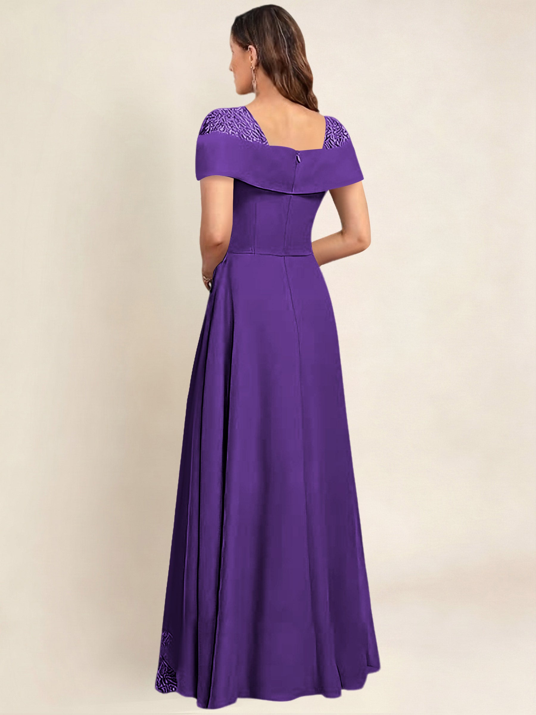ROVDESY A-Line Off The Shoulder Lace Chiffon Long Mother of the Bride Dress Formal Gown