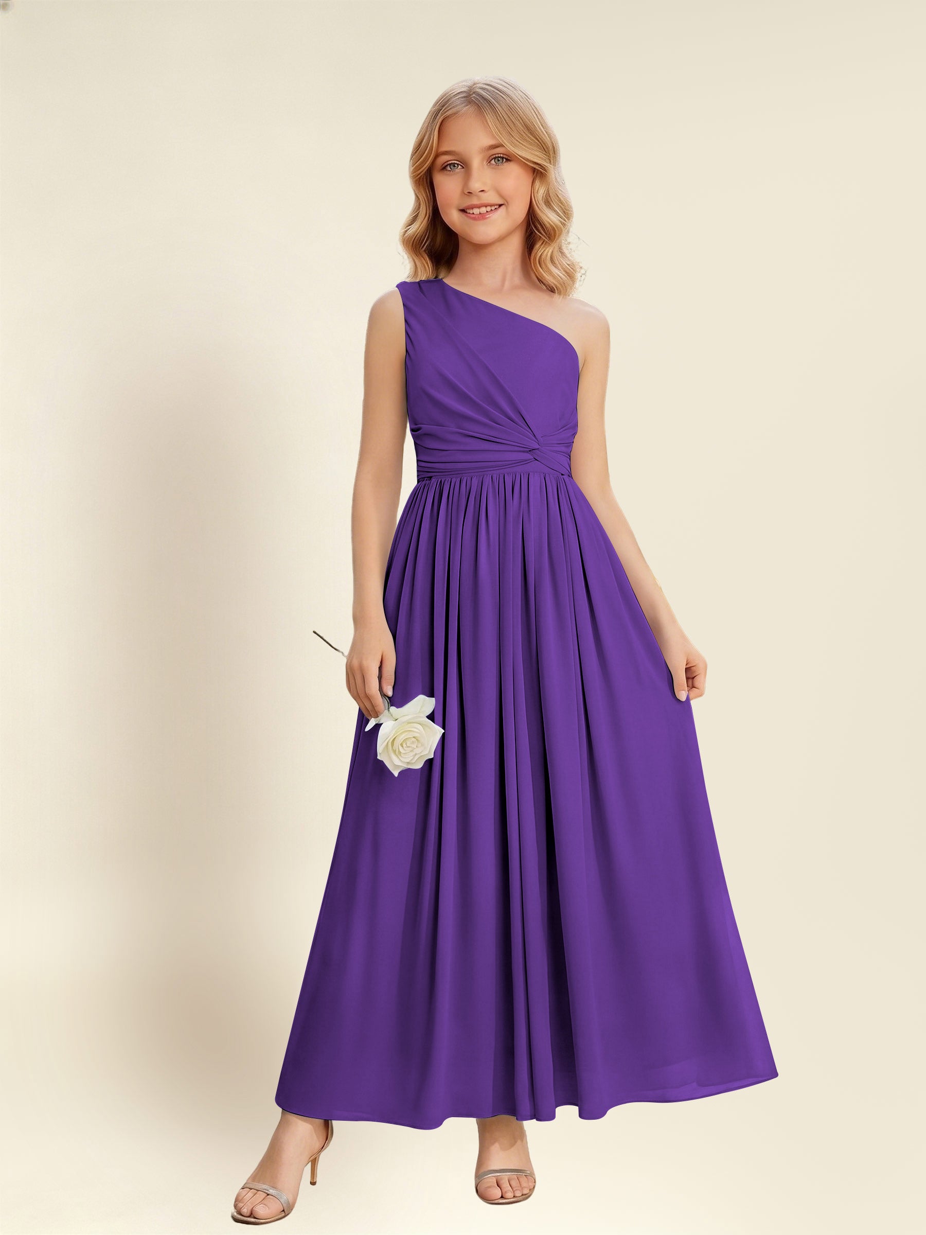 ROVDESY One Shoulder Twist Waist Chiffon Junior Bridesmaid Maxi Dress