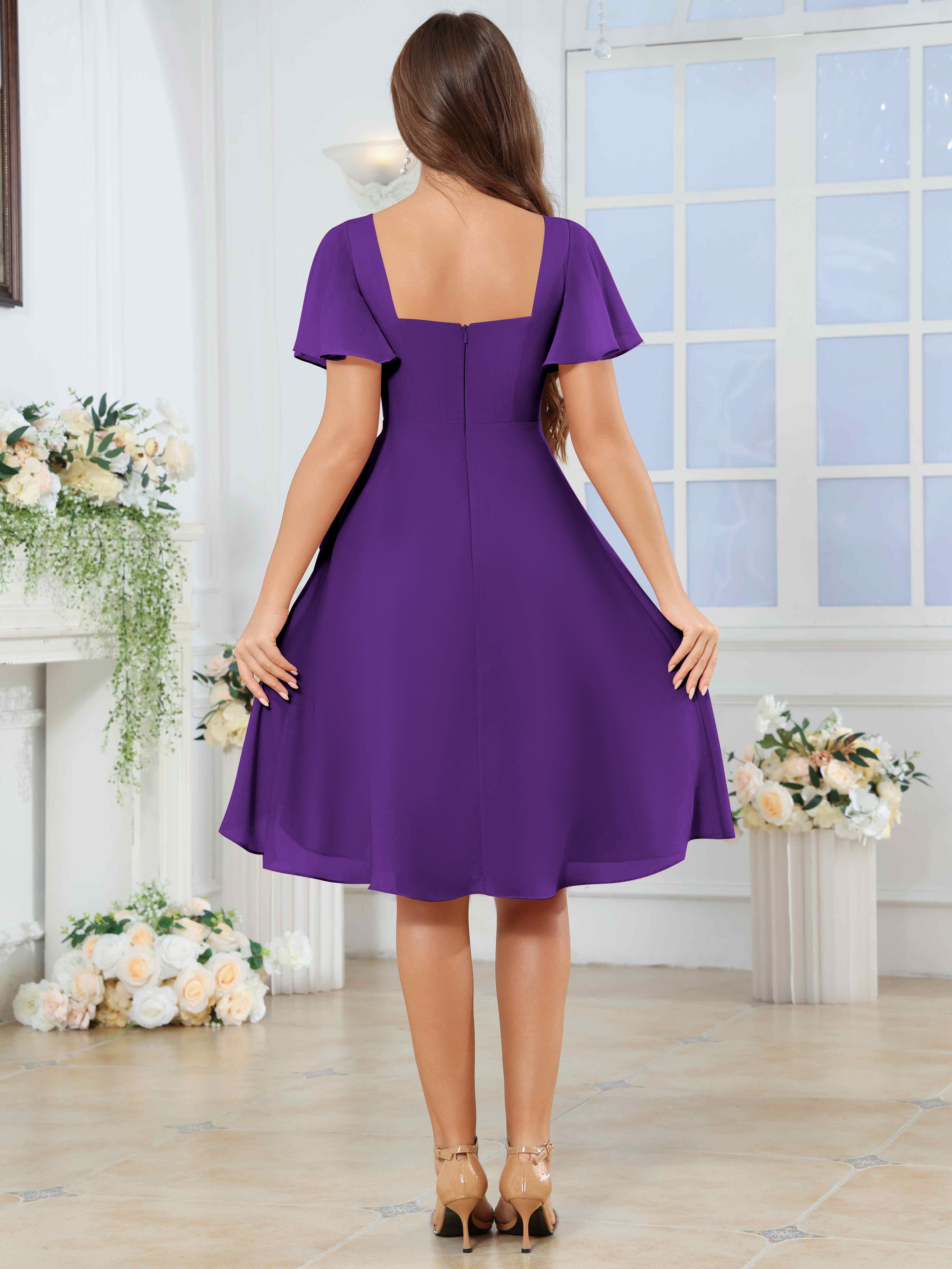 ROVDESY Knee Length V-Neck Pleated Chiffon Bridesmaid Dress With Short Sleeves
