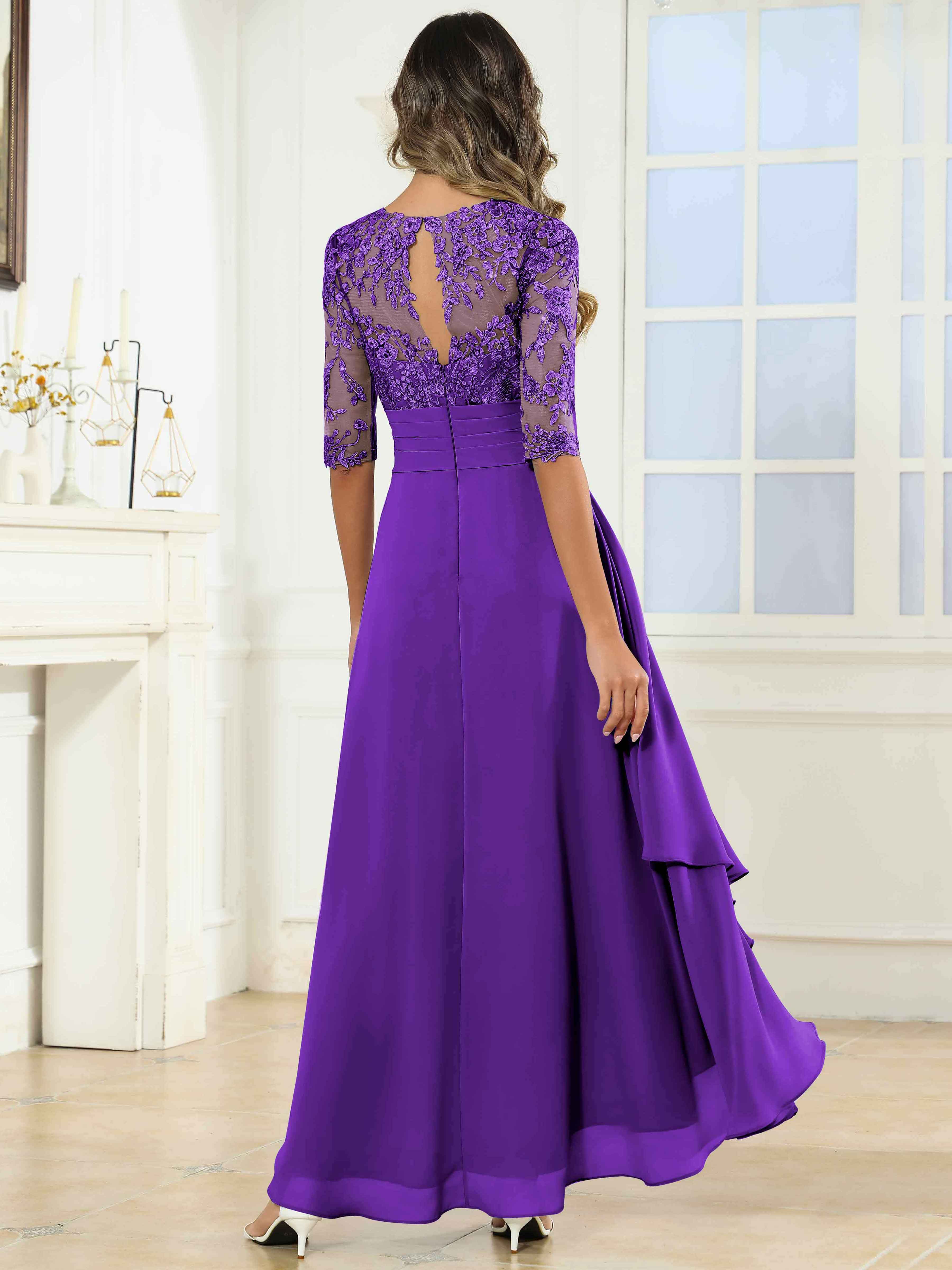 ROVDESY Tea Length A-Line Lace Chiffon Mother Of The Bride Dress With Half Sleeves