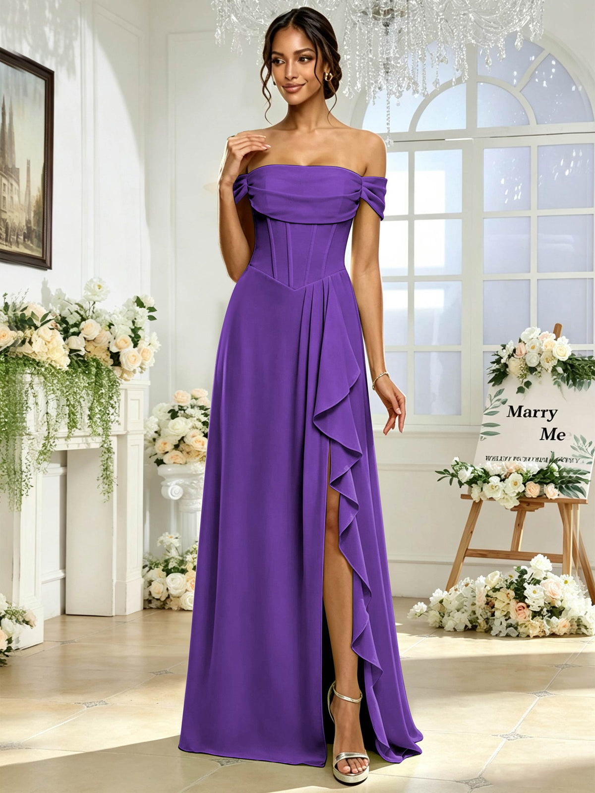 Off the Shoulder Chiffon A Line Long Bridesmaid Dress with Slit