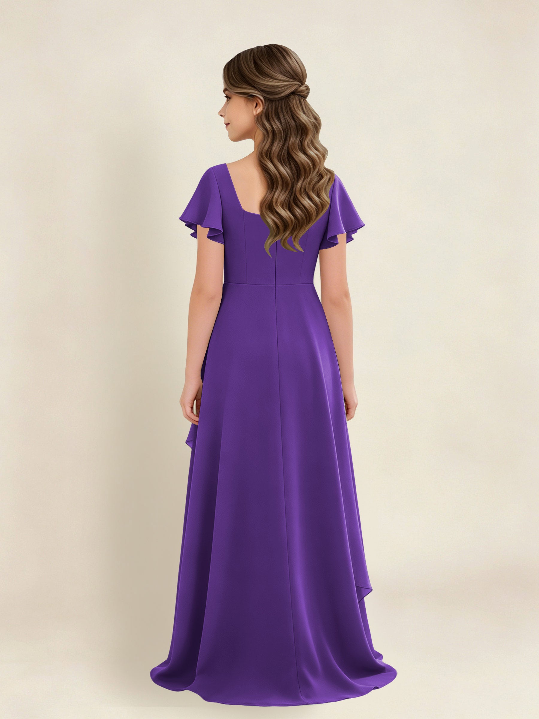 ROVDESY A-Line Square Neck Ruffle Chiffon Junior Bridesmaid Dress With Short Sleeves