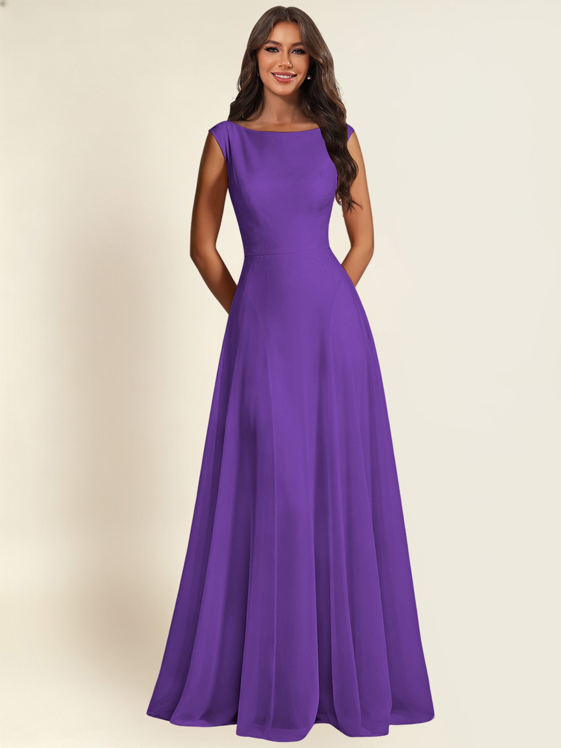 ROVDESY A-Line Chiffon Long Bridesmaid Dress With Sleeveless