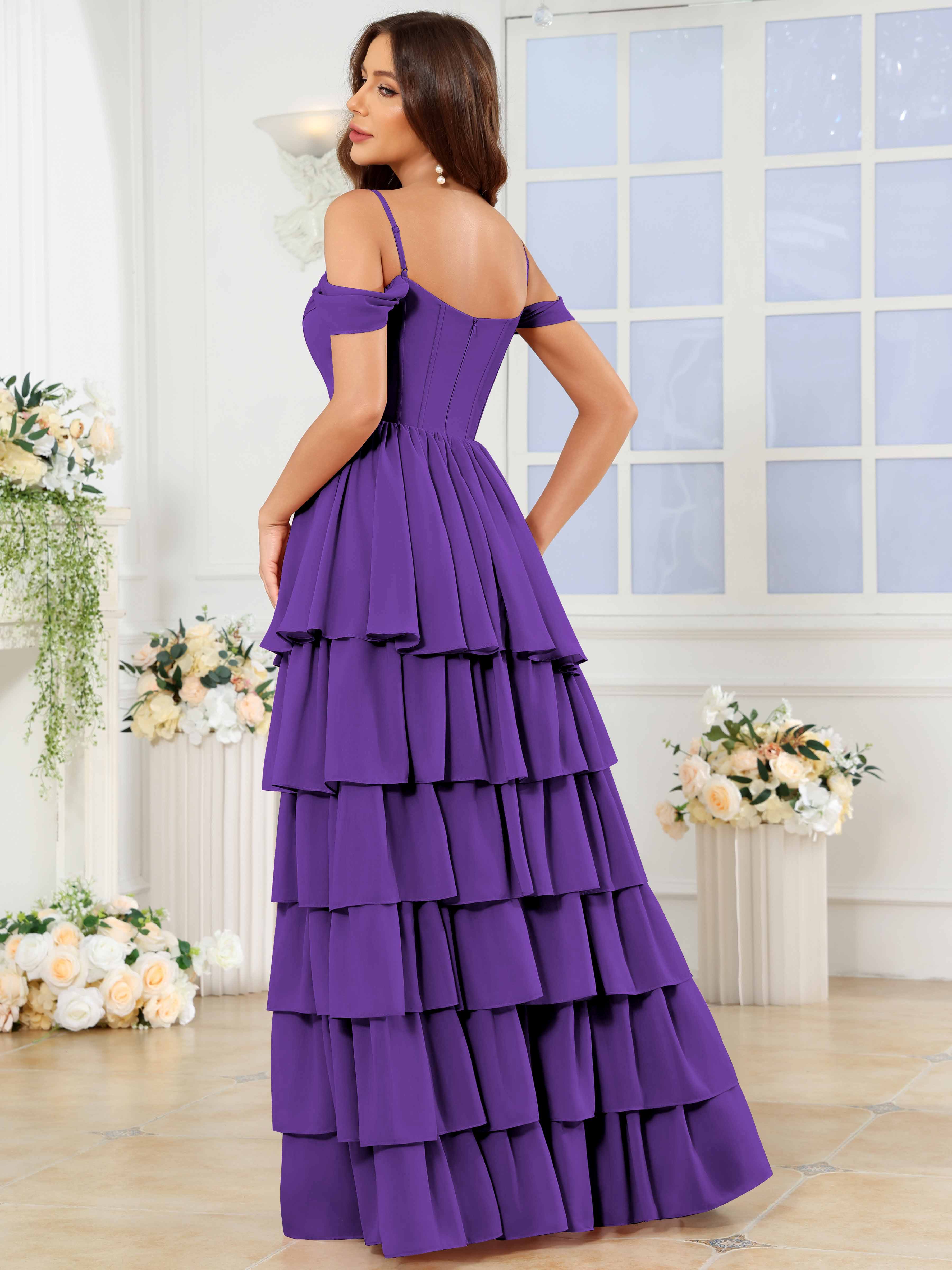 ROVDESY A-Line Off The Shoulder Tiered Chiffon Bridesmaid/Prom Dress With Slit