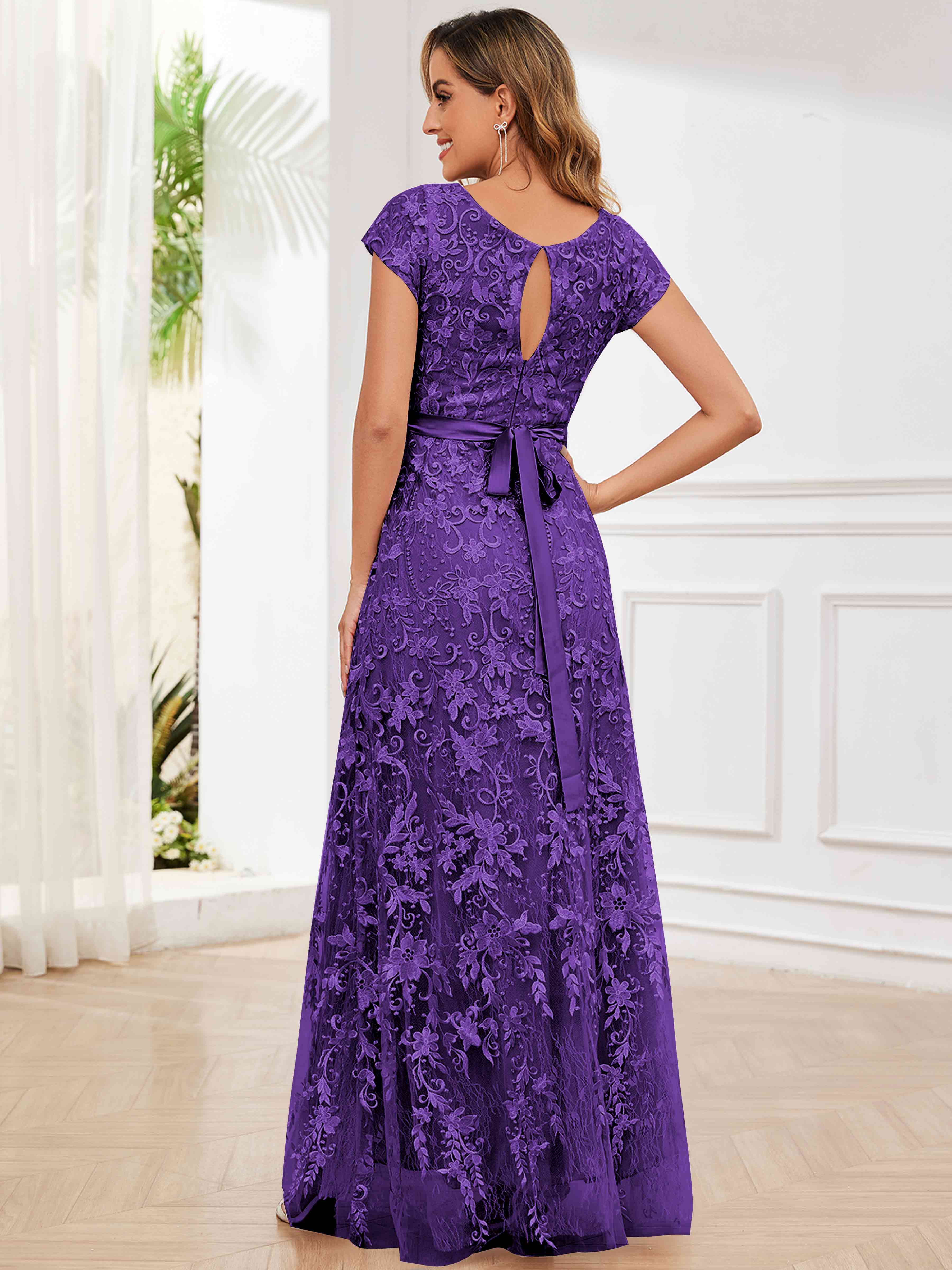 ROVDESY Elegant Lace Mother Of The Bride Dress With Short Sleeves Formal Gown